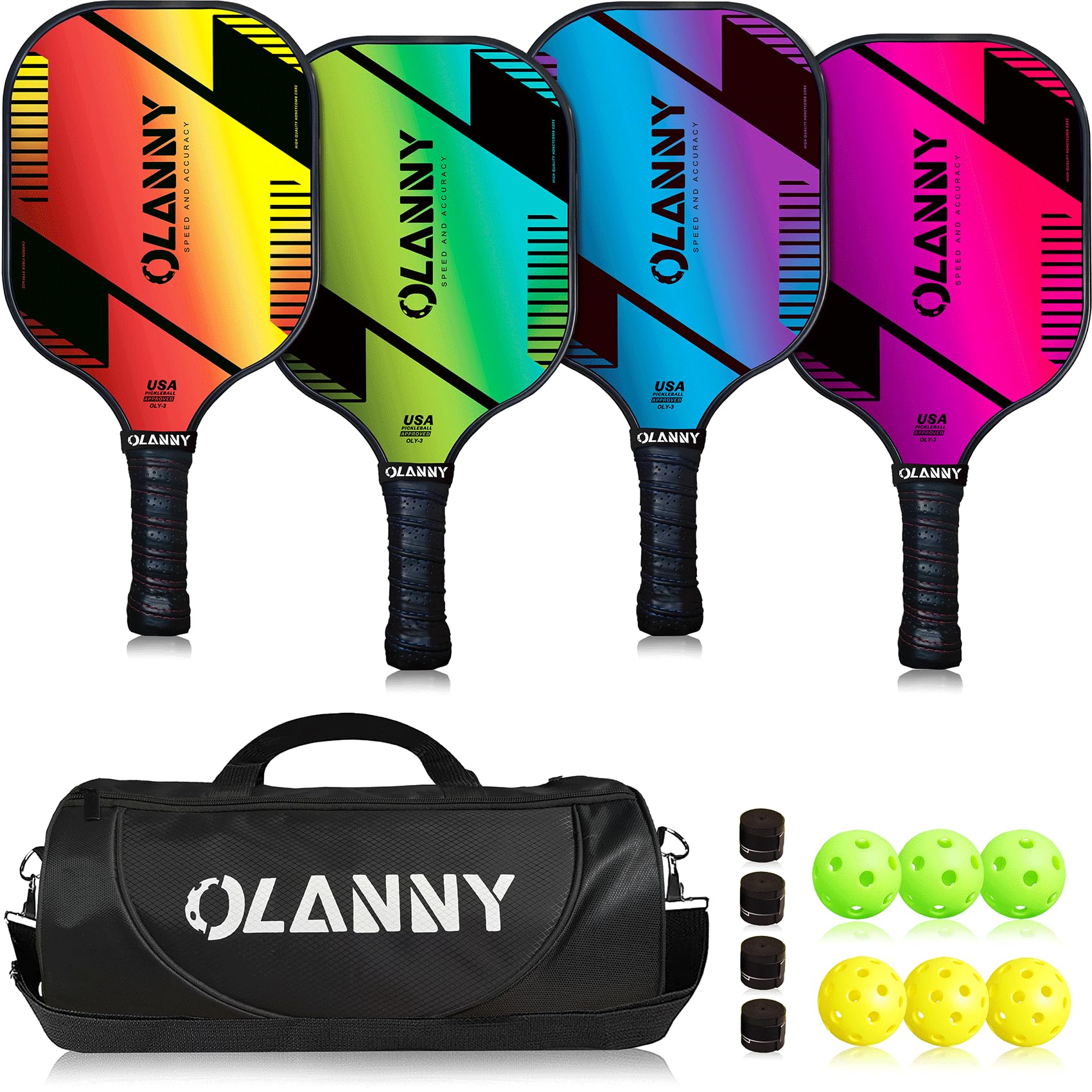 OLANNY Pickleball Paddles Set of 4 Graphite Pickleball Set with Honeycomb Core and Comfort Grip,Pickle-Ball Equipment includes 4 Pickleball Racquets,6 Balls,4 Pickleball Grip Tape & 1 Portable Bag