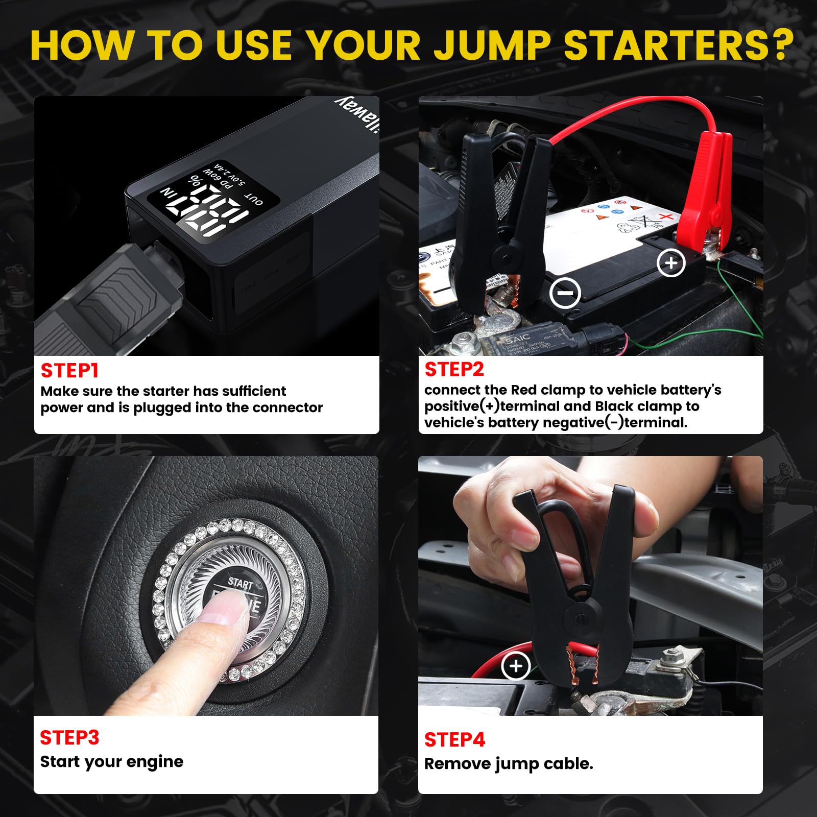 Gillaway 017 6000A Car Battery Jump Starter(for All Gas or up to 12L Diesel), Jump Starter Battery Pack up to 100 Jump Starts, Full-Screen Display and LED Light, QC3.0, Type-C, PD60W Fast Charging