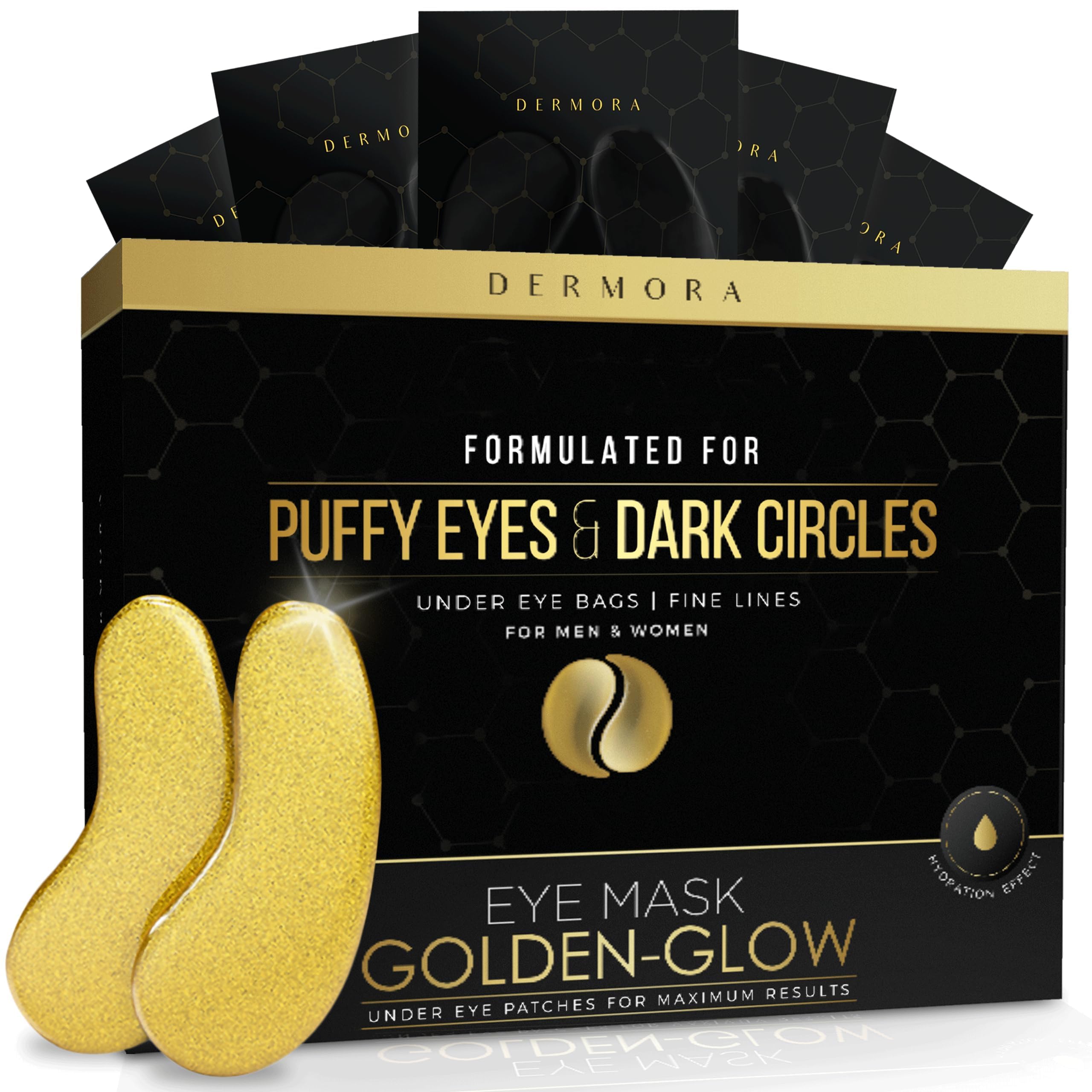 DERMORA Golden Glow Under Eye Patches (30 Pairs Eye Gels) - Rejuvenating Treatment for Dark Circles, Puffy Eyes, Refreshing, Revitalizing, Travel, Wrinkles