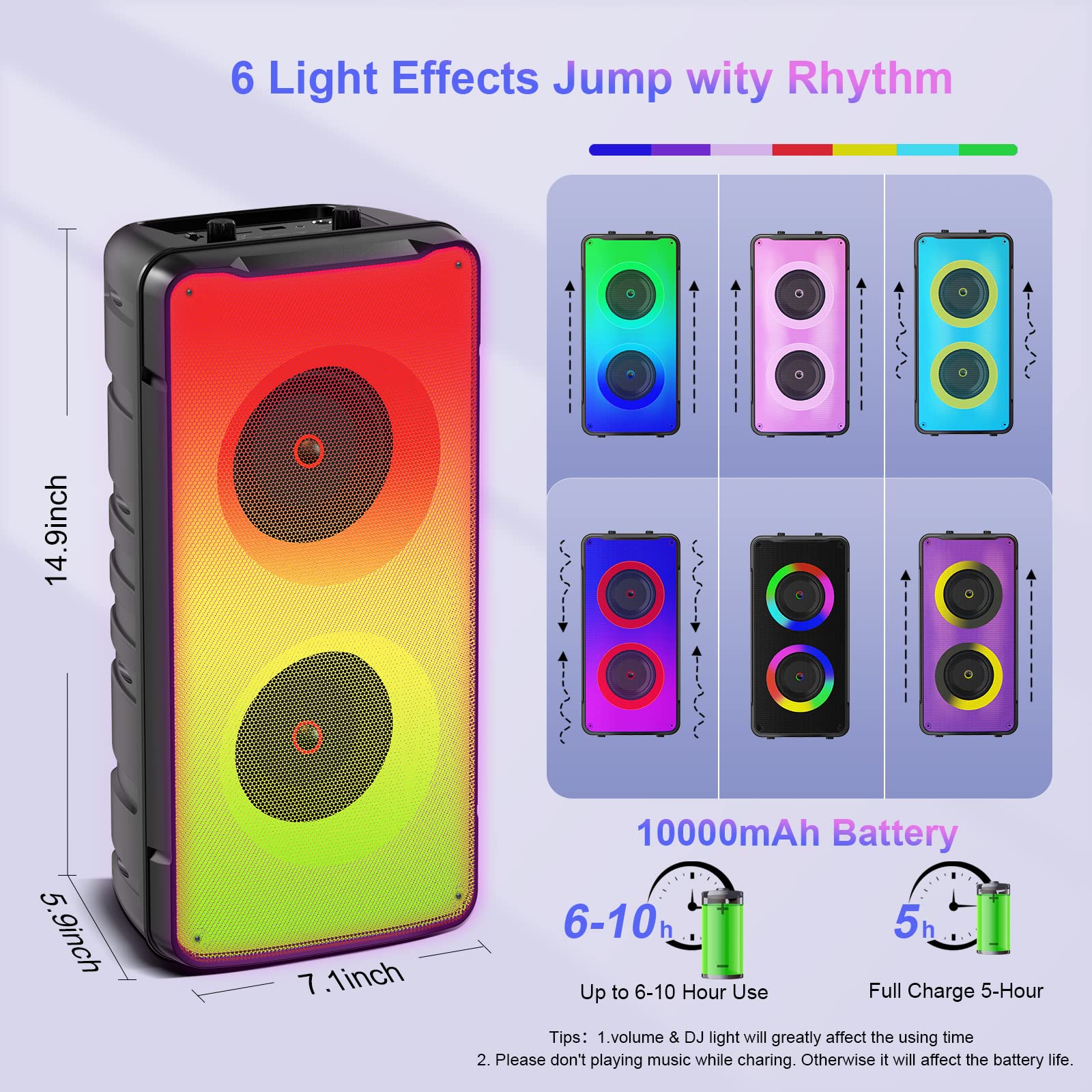 Bluetooth Speakers, 60W(80W Peak) Portable Loud Wireless Stereo Speaker with Rich Bass, Bluetooth 5.0, FM Radio, Colorful Light, TWS Pairing, EQ, 10000mAh Battery, Outdoor Speaker for Home Party Gift