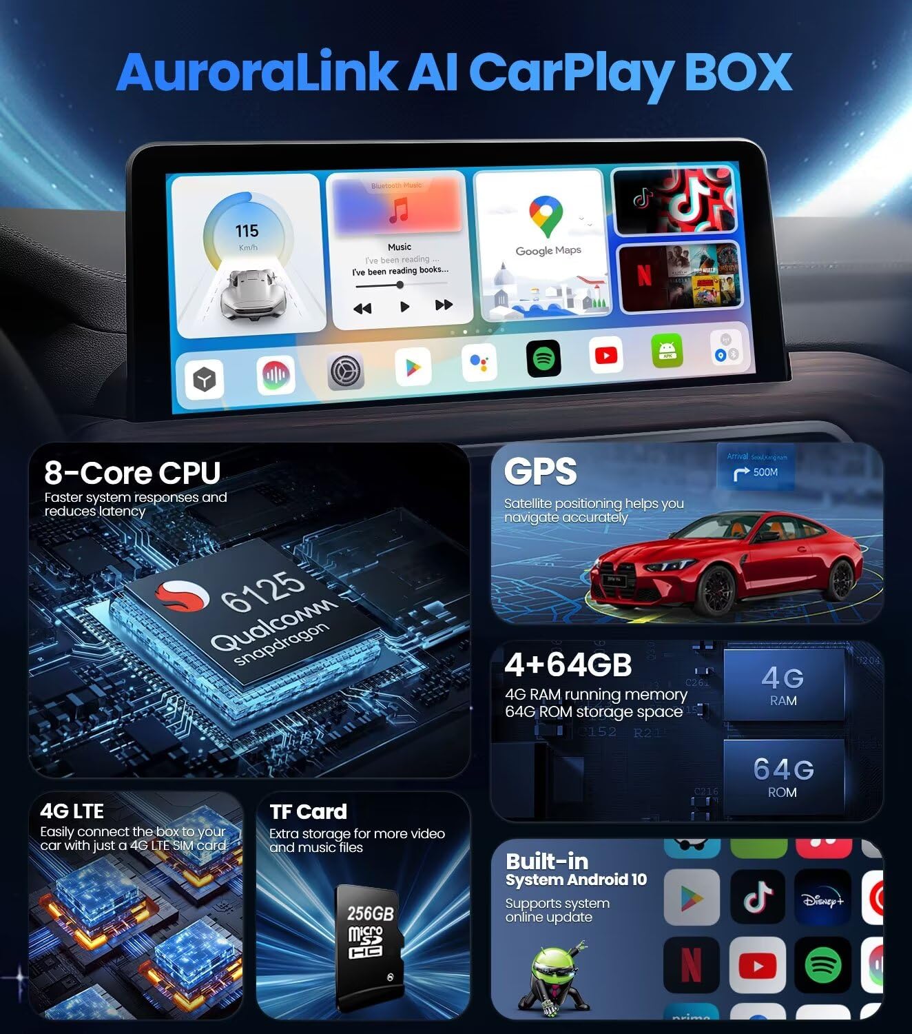 BMW Carplay AI Box 5.0, 2024 Newest Android 10.0 QCM 6125 8-Core 4+64GB Online YouTube/Netflix/Google Store, Support SIM&TF Card Exclusively for BMW1, 2, 3, 4, 5, 6, 7 Series, X1, X2, X3, X5, X6, X7