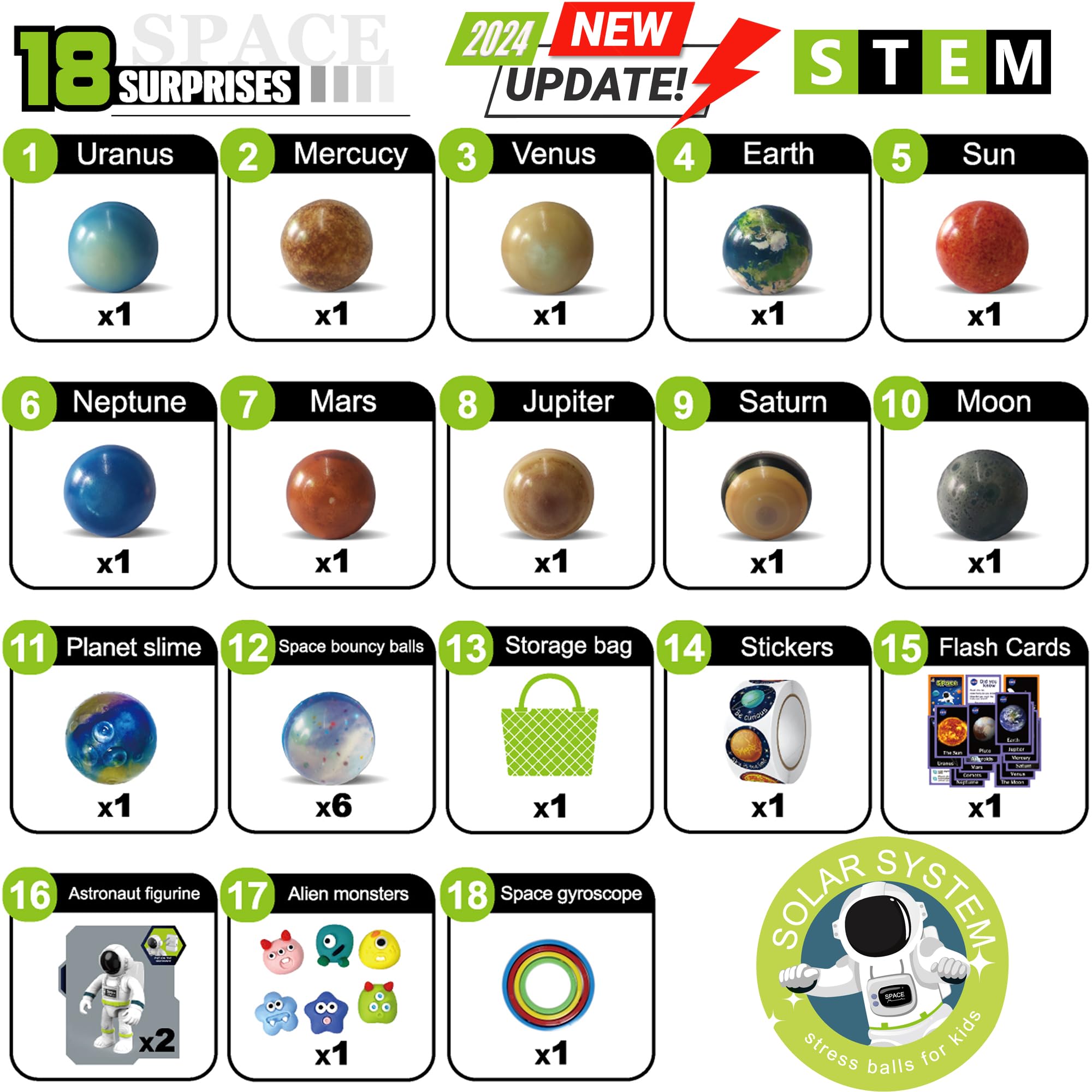 Solar System Planets Toys for Kids, STEM Educational Sensory Toys for Autistic Children Non-Toxic, Space Astronaut Slime Ball Alien Monster Toy Set with Mesh Storing Bag for 3-5-8-10 Boy Girls
