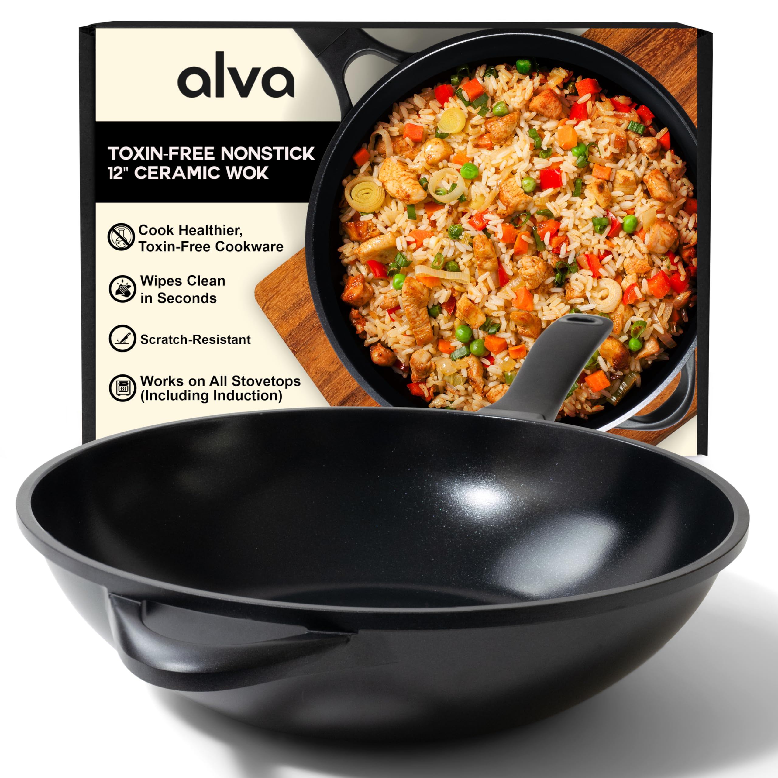 Alva Energy 12″ Ceramic Nonstick Wok – Made with No PFAS/PFOA/PTFE, Lightweight & Scratch-Resistant, Induction & All Stovetop Safe, Easy-Clean Stir Fry Pan with Stay-Cool Handle, Black