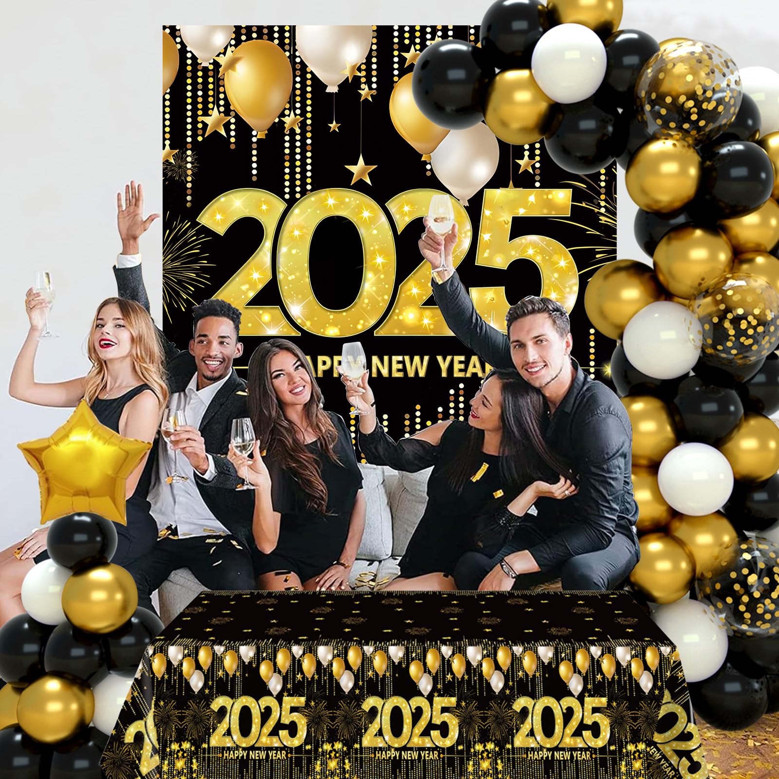 Happy New Years Party Decorations 2025 - New Years Balloon Garland Arch Kit,Happy New Years Eve Party Supplies,Black and Gold Confetti Balloon Backdrop Tablecloth for New Year Party Anniversary 101PCS