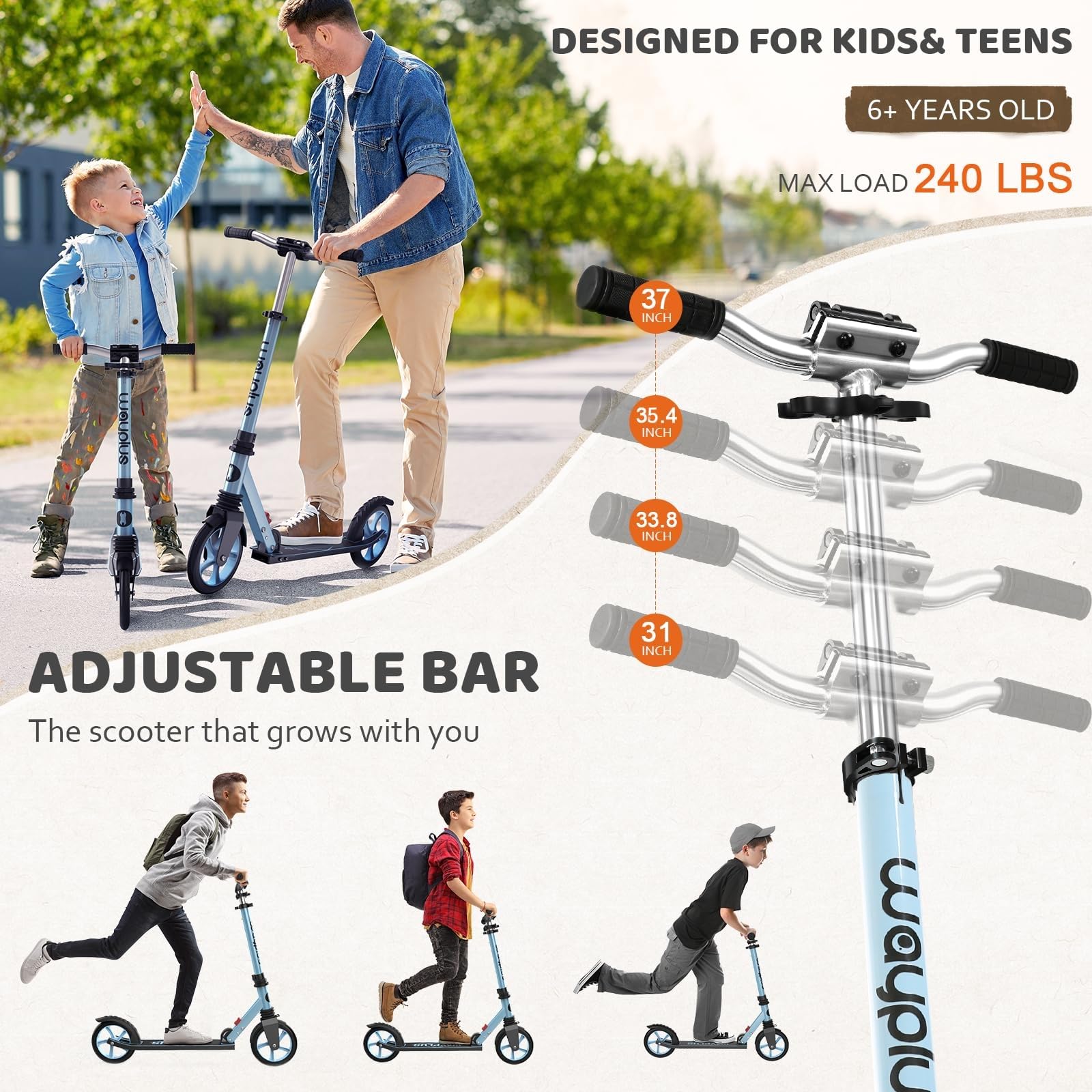 WAYPLUS Kick Scooter for Kids and Teens, Blue, 8-Inch, Foldable, Lightweight, Safety Features, Smooth Ride, Adjustable Height