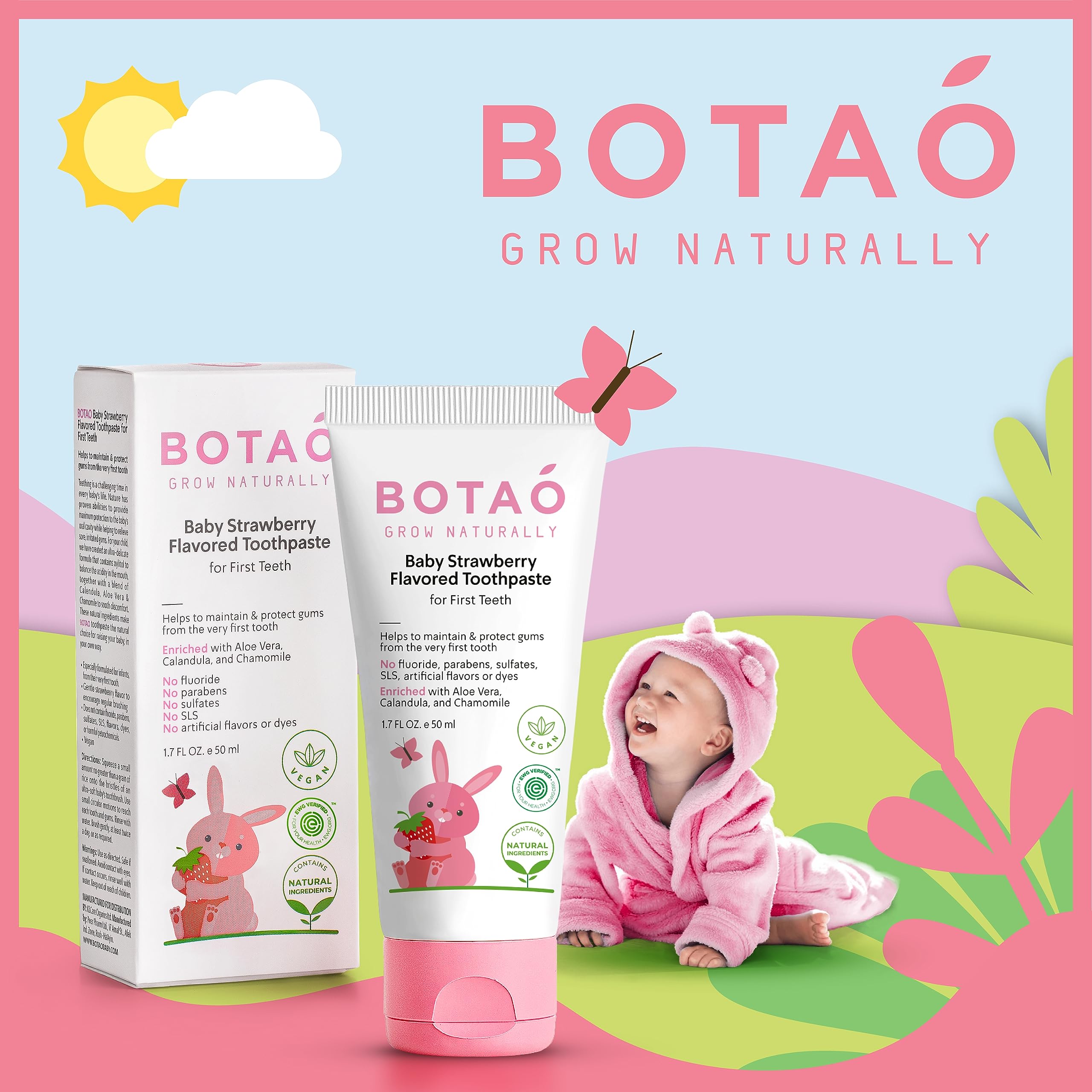 BOTAO Fluoride Free Baby Toothpaste | Strawberry Flavored - Organic Training Natural Toddler Toothpaste for Toddlers | EWG Verified, Vegan, SLS Free, Safe to Swallow, Aloe Vera -1.7Oz