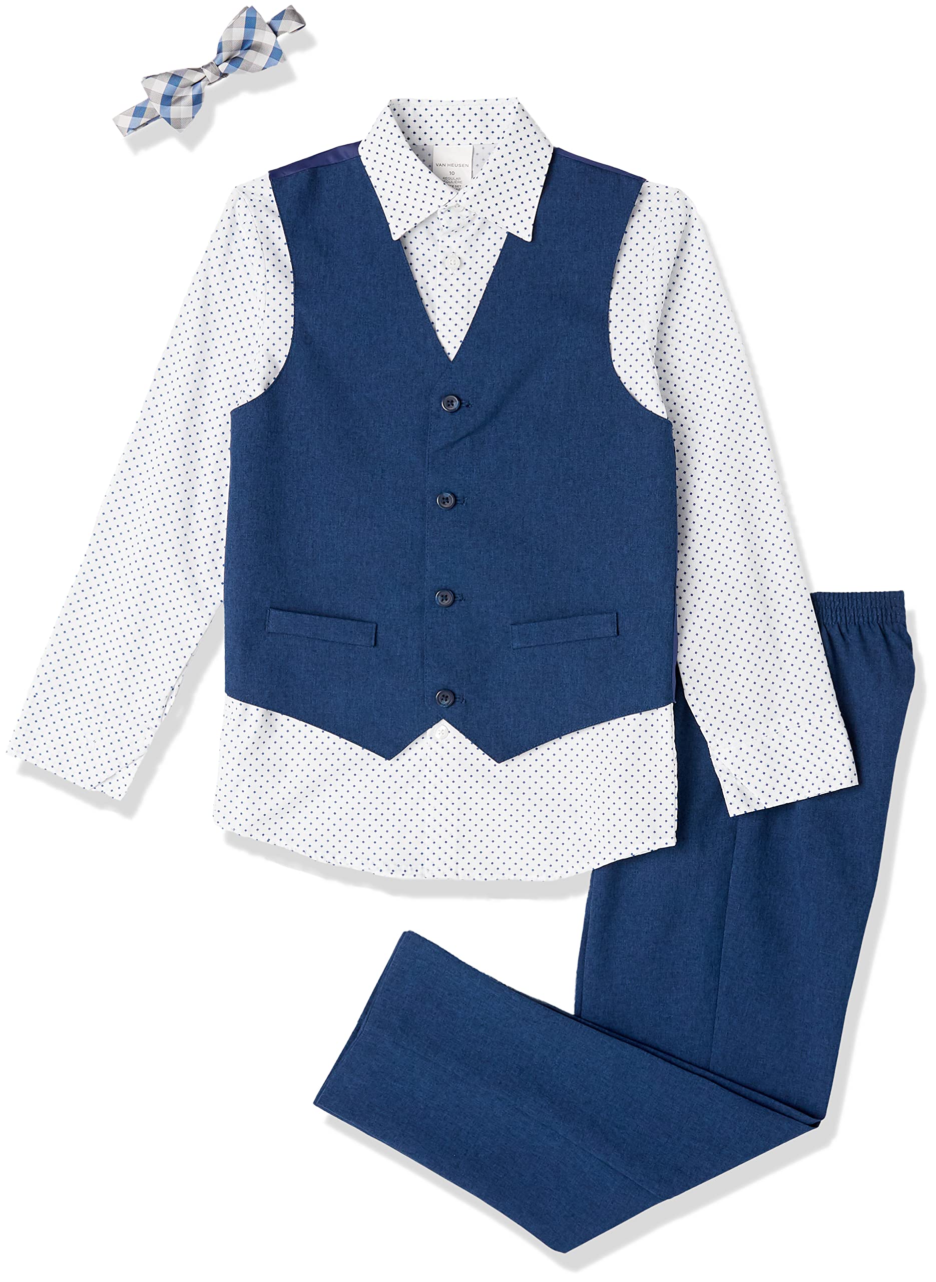 Van Heusen Boys' 4-Piece Formal Suit Set, Vest, Pants, Collared Dress Shirt, and Tie, Blue Jean, 5