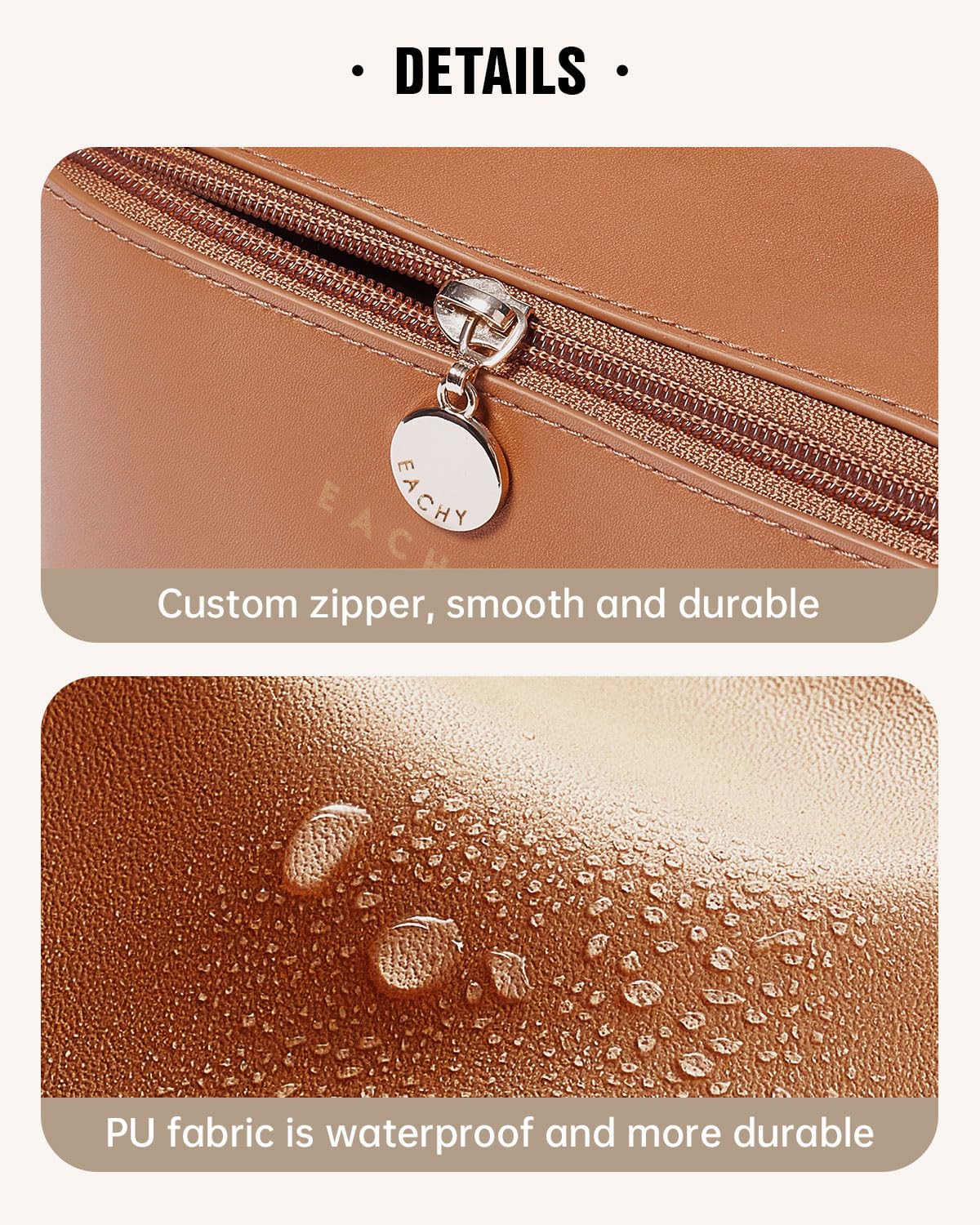 EACHY Travel Makeup Bag,Large Capacity Cosmetic Bags for Women,Waterproof Portable Pouch Open Flat Toiletry Bag Make up Bag with Divider and Handle (Brown, Medium)