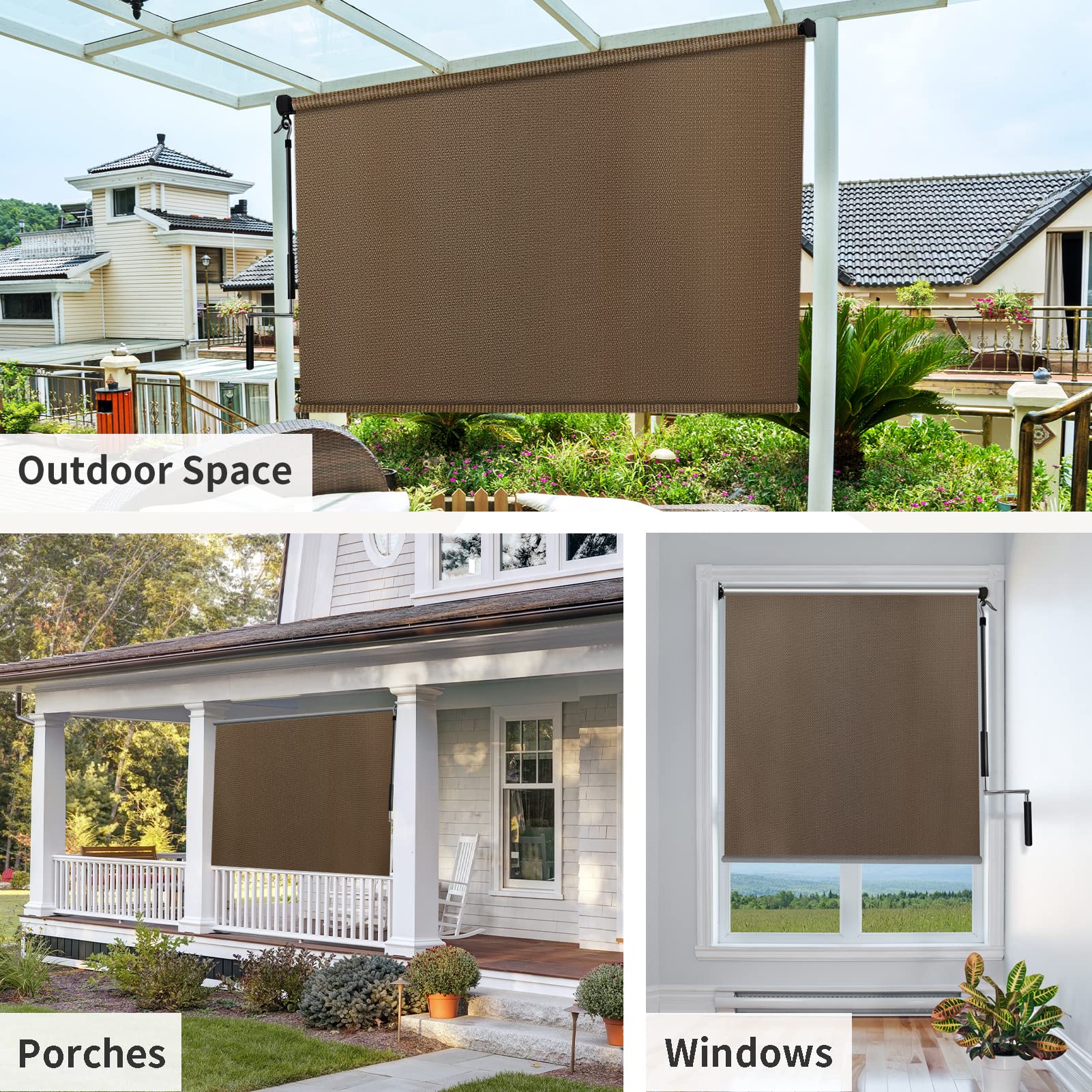 Amagenix Outdoor Roller Shades 7'(W) x 8'(H), Exterior Cordless Patio Shades Roll up Outdoor Blinds for Porch Gazebo, Mocha