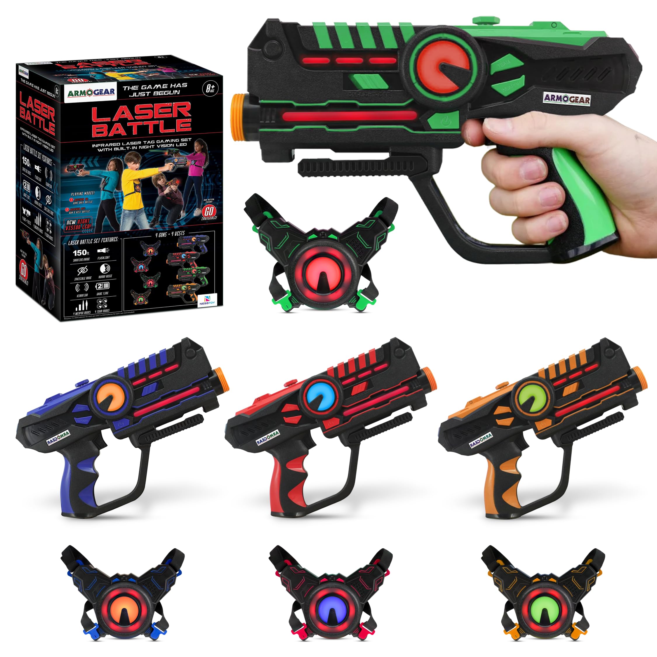 ArmoGear Laser Tag Guns with Vests Set of 4 Multi Player Laser Tag Set for Kids Toy for Teen Boys and Girls Indoor and Outdoor Game for Kids, Adults and Family - Boys and Girls Gift, Ages 8 and Above