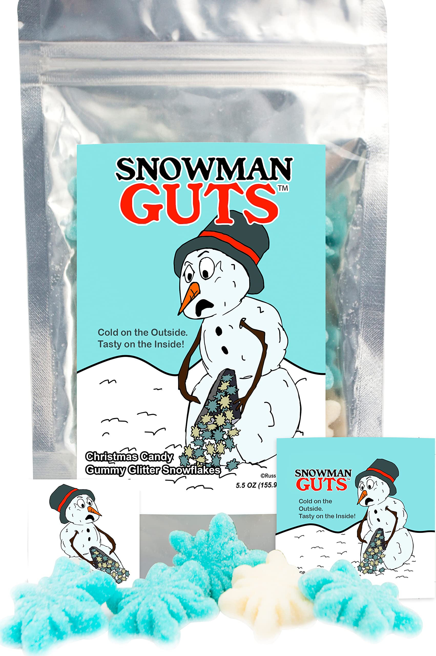 Snowman Guts Blue Raspberry & Marshmallow Flavored Gummy Snowflakes Funny Unique Christmas Tree Stocking Stuffer Gag Birthday Girl, Boy and Teens Candy Gift (5.5 Ounces)