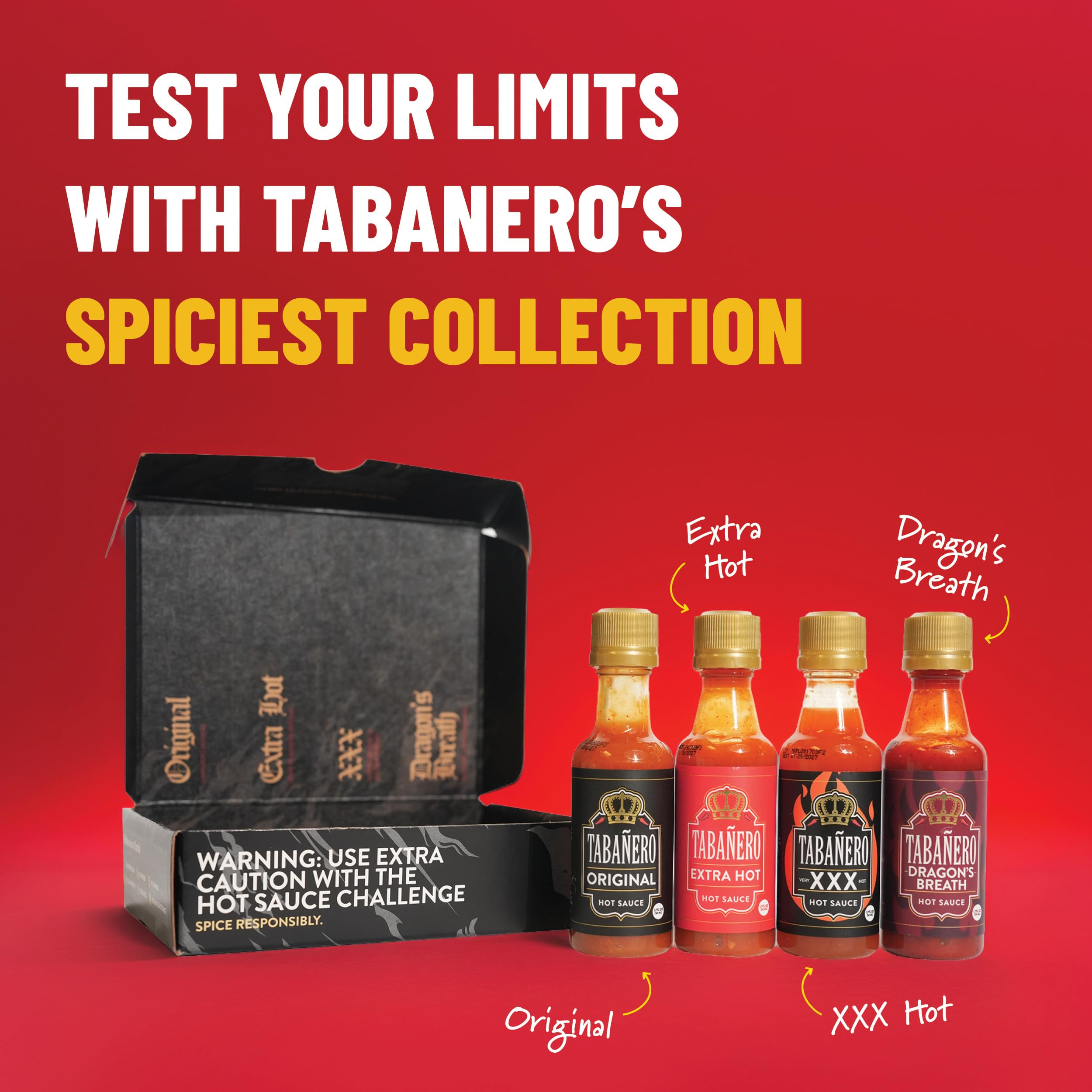 Tabañero Challenge Box, Hot Sauce Gift Set, 4 Pack, Original, Extra, XXX Hot and Dragon's Breath, 1.7 oz Mini Glass Bottles, Gluten Free, All Natural, Low Sodium, Vegan, Kosher, Made in the USA, Easter Gifts for Men
