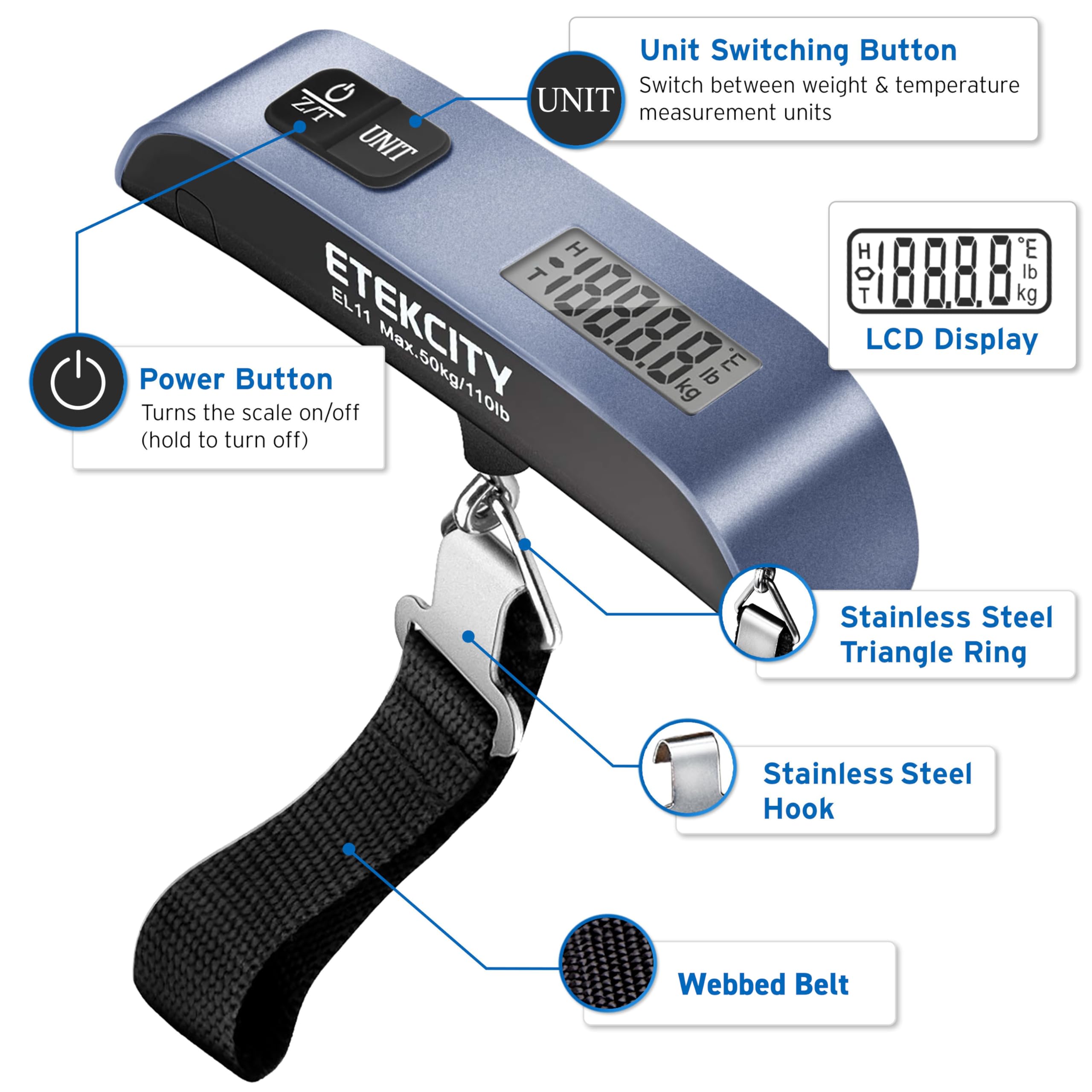 Etekcity Luggage Scale, Travel Essentials, Digital Suitcase Weight Scales for Travel Accessories, Hanging Baggage Scale with Temperature Sensor, Rubber Paint, 110 Pounds, Battery Included, Blue