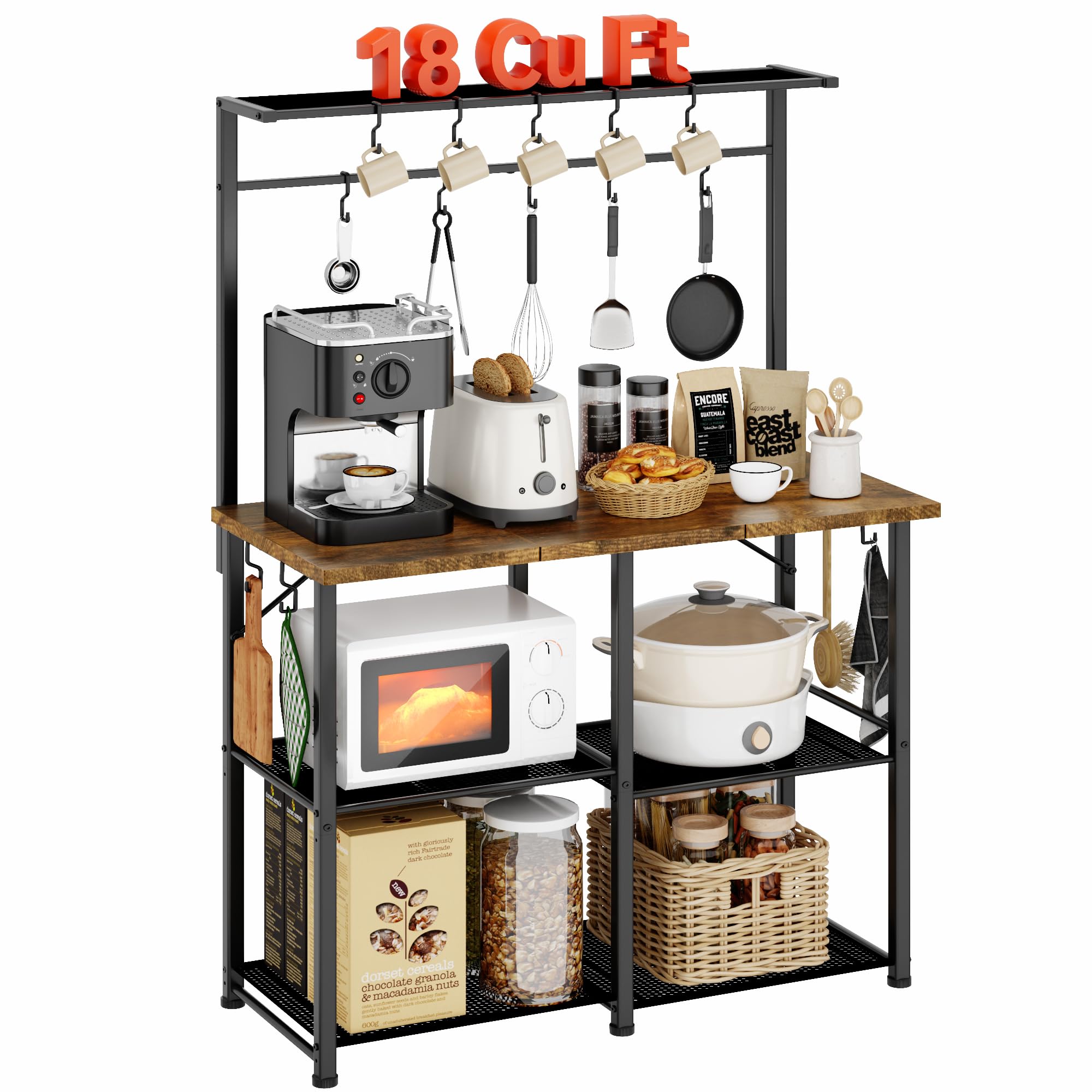 YASONIC Coffee Bar, Bakers Rack with Storage, 34.3 Inches Microwave Stand, 4 Tier Kitchen Shelves Appliance Storage, 14 S Hooks Large Coffee Station for Spices, Pots and Pans, Rustic Brown