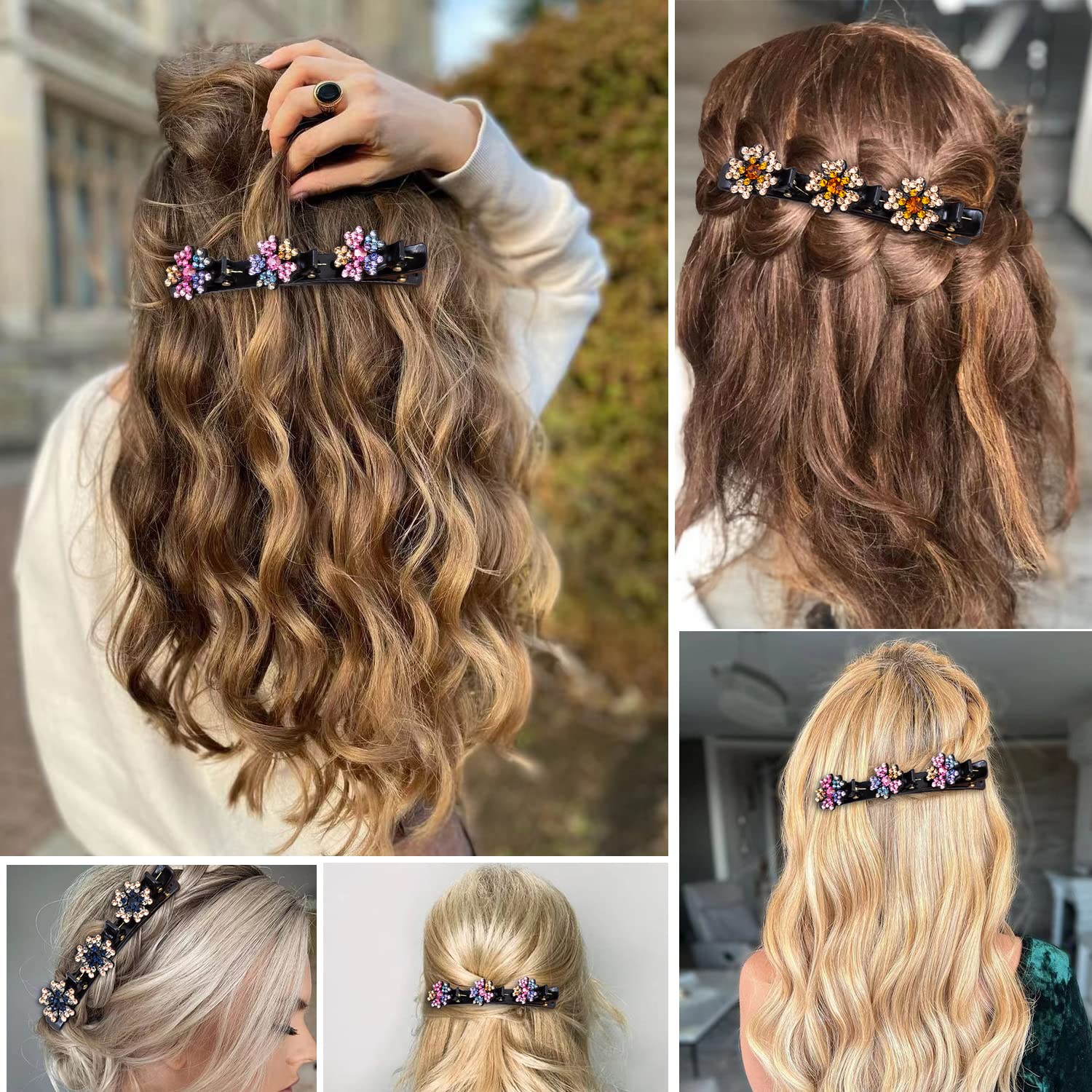 Sparkling Crystal Stone Braided Hair Clover Clips for Thick Thin Hair, Girls / Women Hair Accessories for Styling Sectioning, Large, 8 Pcs