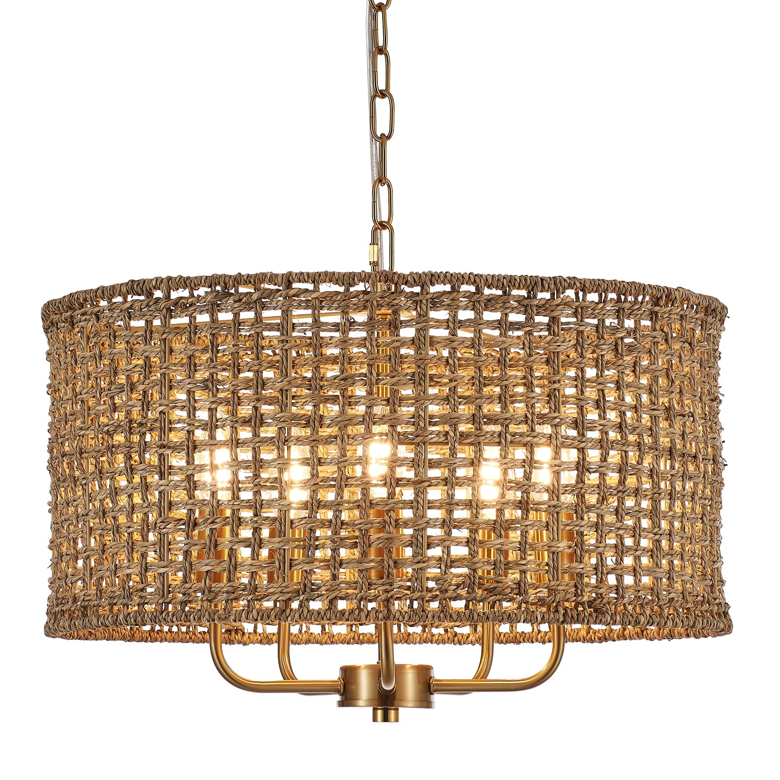 YOMECOO Hand-Woven Rattan Chandelier Vintage Farmhouse Boho Bamboo Chandelier Light Fixture Mini Retro 5-Lights Drum Wicker Rattan Chandelier for Dining Room, Kitchen, Living Room