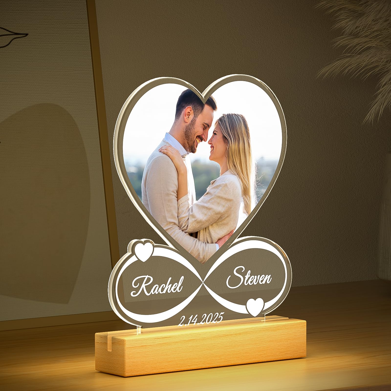 Personalized Anniversary Couple Gifts for Women and Men, Customized Heart Photo Frame, Custom Picture Frames with Night Light, Personalized Valentines Day Gifts for Her Him Girlfriend Boyfriend