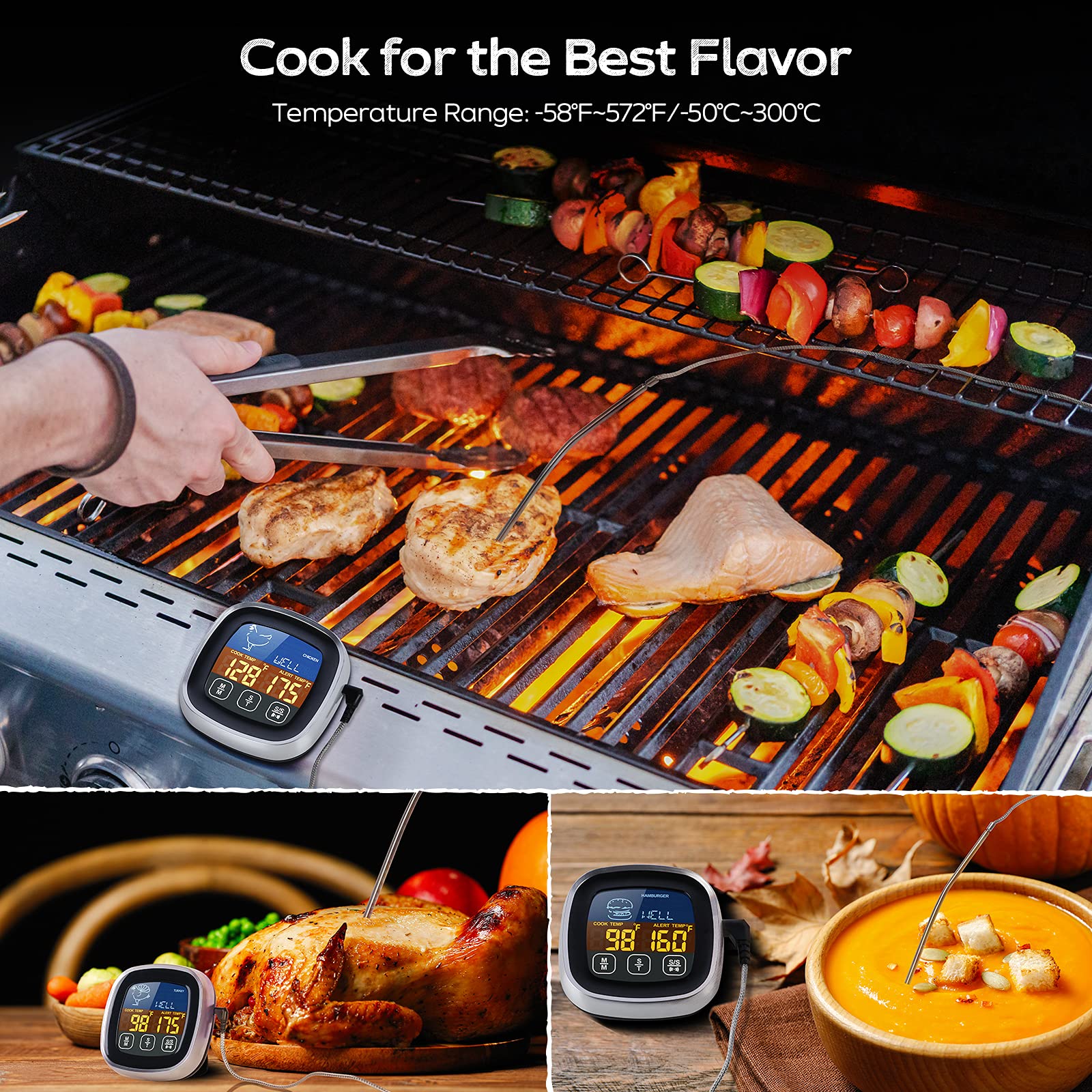 Meat Thermometer, with Long Probe, Digital Meat Thermometer with Large Touchscreen LCD, Kitchen Timer, Grill Thermometer, Cooking Food Meat Thermometer Instant Read for Smoker Kitchen BBQ Oven