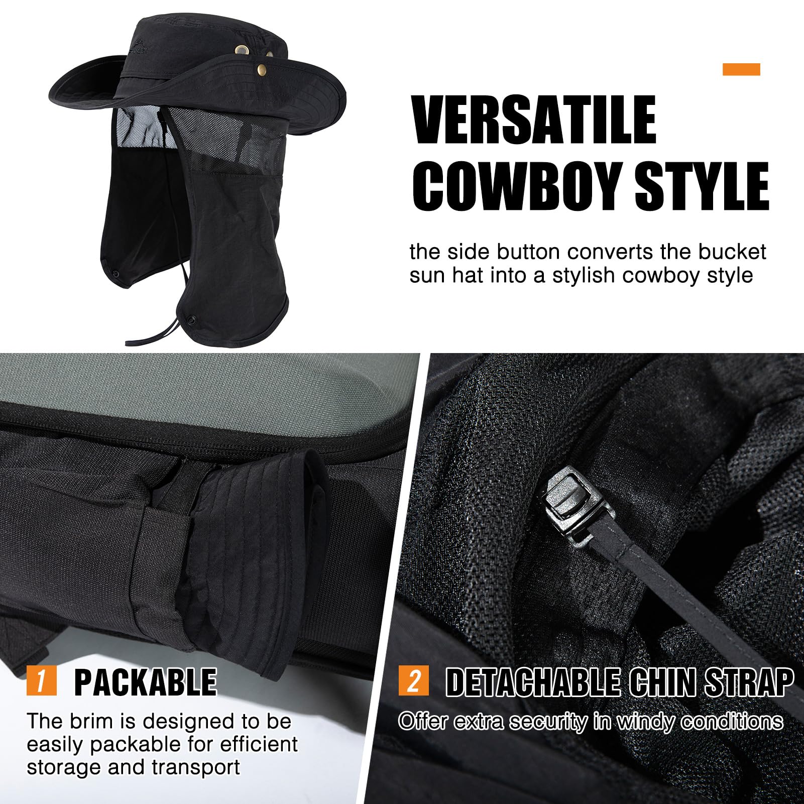 Comhats Sun Hats for Men Neck Cover Flap Protection UPF50+ Wide Brim Summer Boonie Bucket Waterproof Summer Golf Packable Travel Big Head X-Large XX-Large XL XXL Black