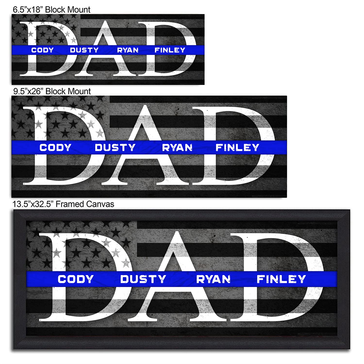 DAD & Children - Personalized Thin Line Father's Day Gift (Thin Blue Line, 6.5"x18" Block Mount)