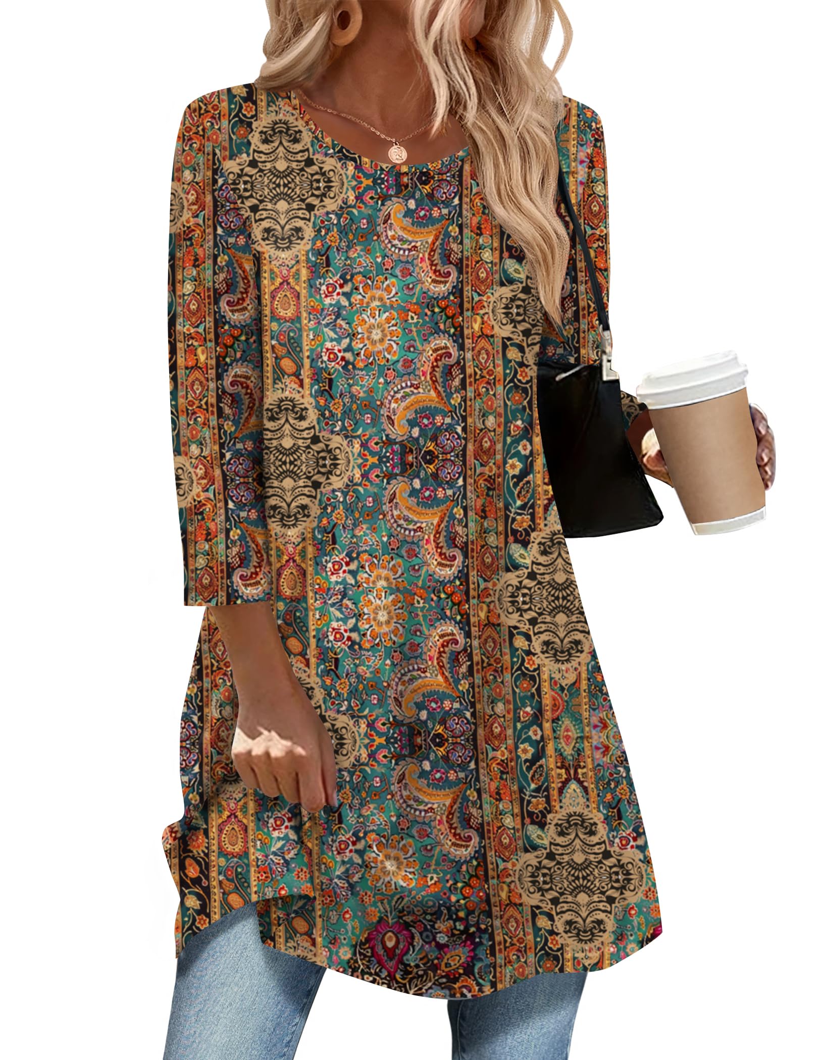 Zeagoo Womens Boho Tops Round Neck 3/4 Sleeve Shirt Fashion Casual Tunic Blouse Summer Loose Fit Tee Tops