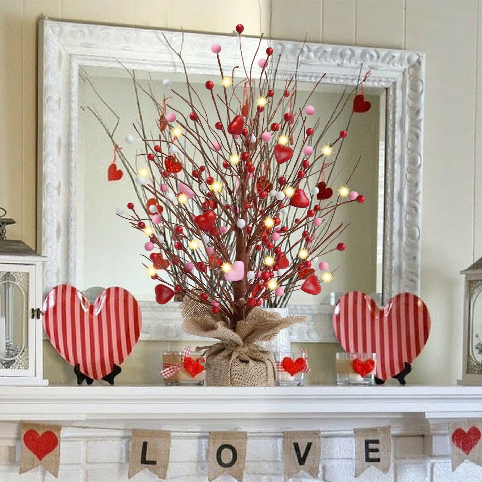 CRCZK 19" H Valentines Day Heart Table Tree Decorative Red Love Berries, Artificial Tree Decor for Valentines Day Party Festival Home Decor.