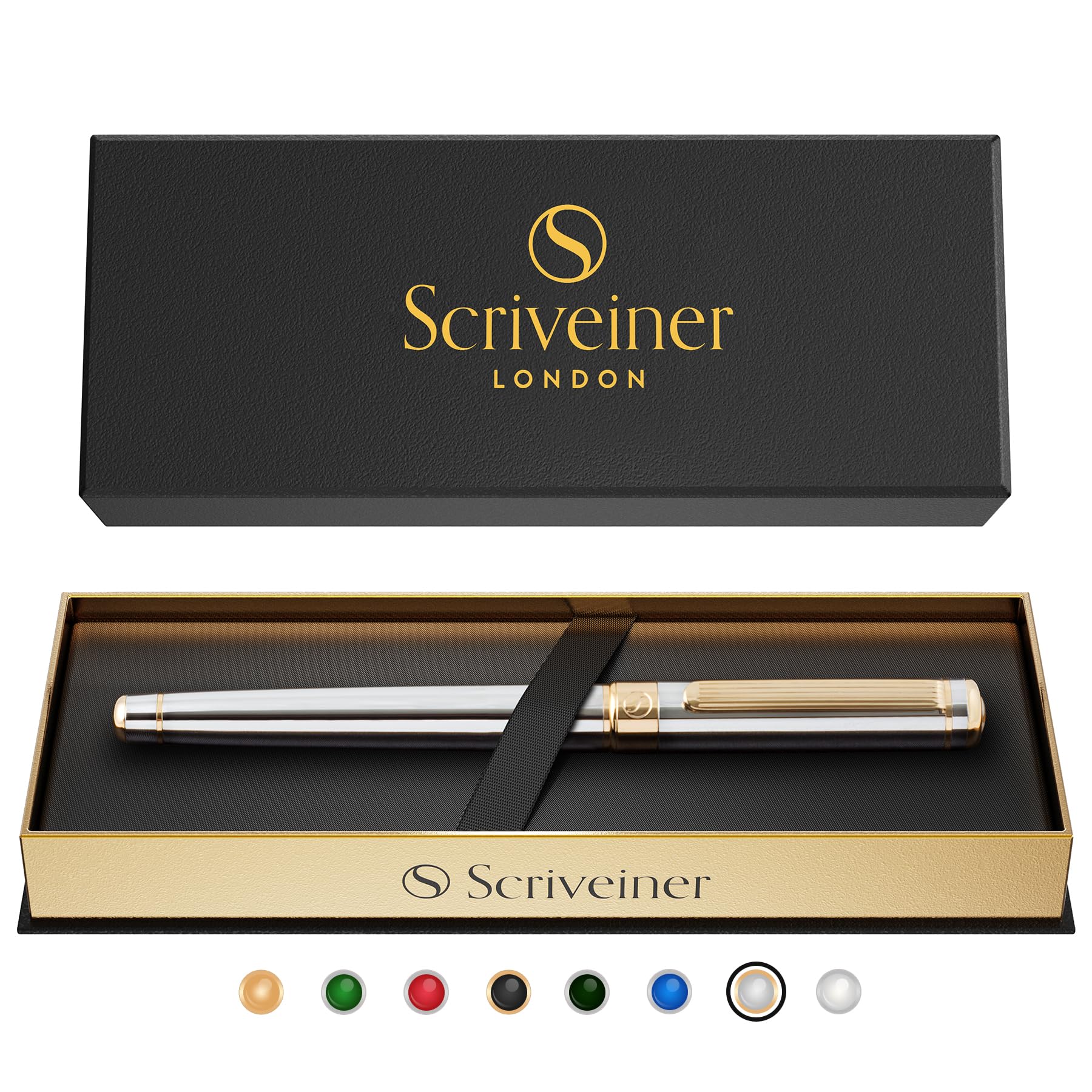 Scriveiner Silver Chrome Rollerball Pen - Stunning Luxury Pen with 24K Gold Finish, Schmidt Ink Refill, Best Roller Ball Pen Gift Set for Men & Women, Professional, Executive Office, Nice, Fancy Pens