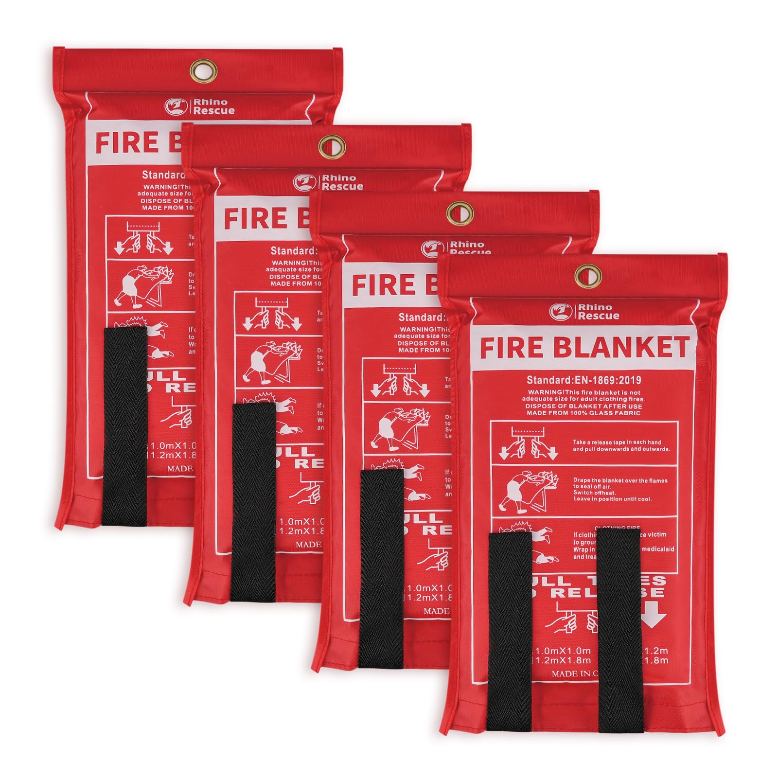 RHINO RESCUE Fire Blanket, 40''×40'' Fiberglass Emergency Fireproof Gear, Flame Retardant Protection for Home, Kitchen, Camping, Hiking, 4 Count