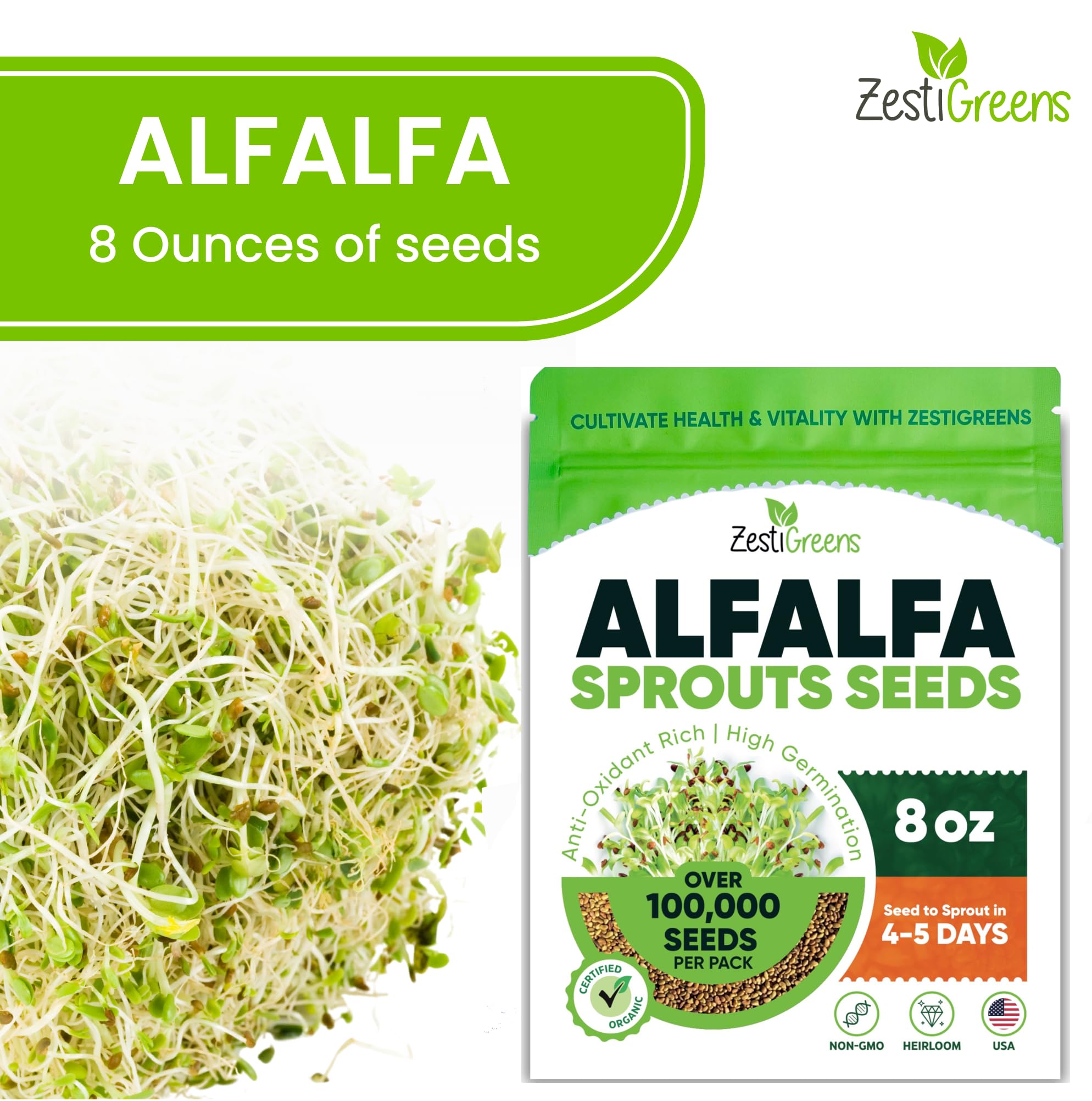 Premium USA Alfalfa Seeds for Sprouting & Microgreens with High Germination Rate. Seeds Come in Food Grade Resealable Bag for Keeping Fresher for Longer (0.5 lb)