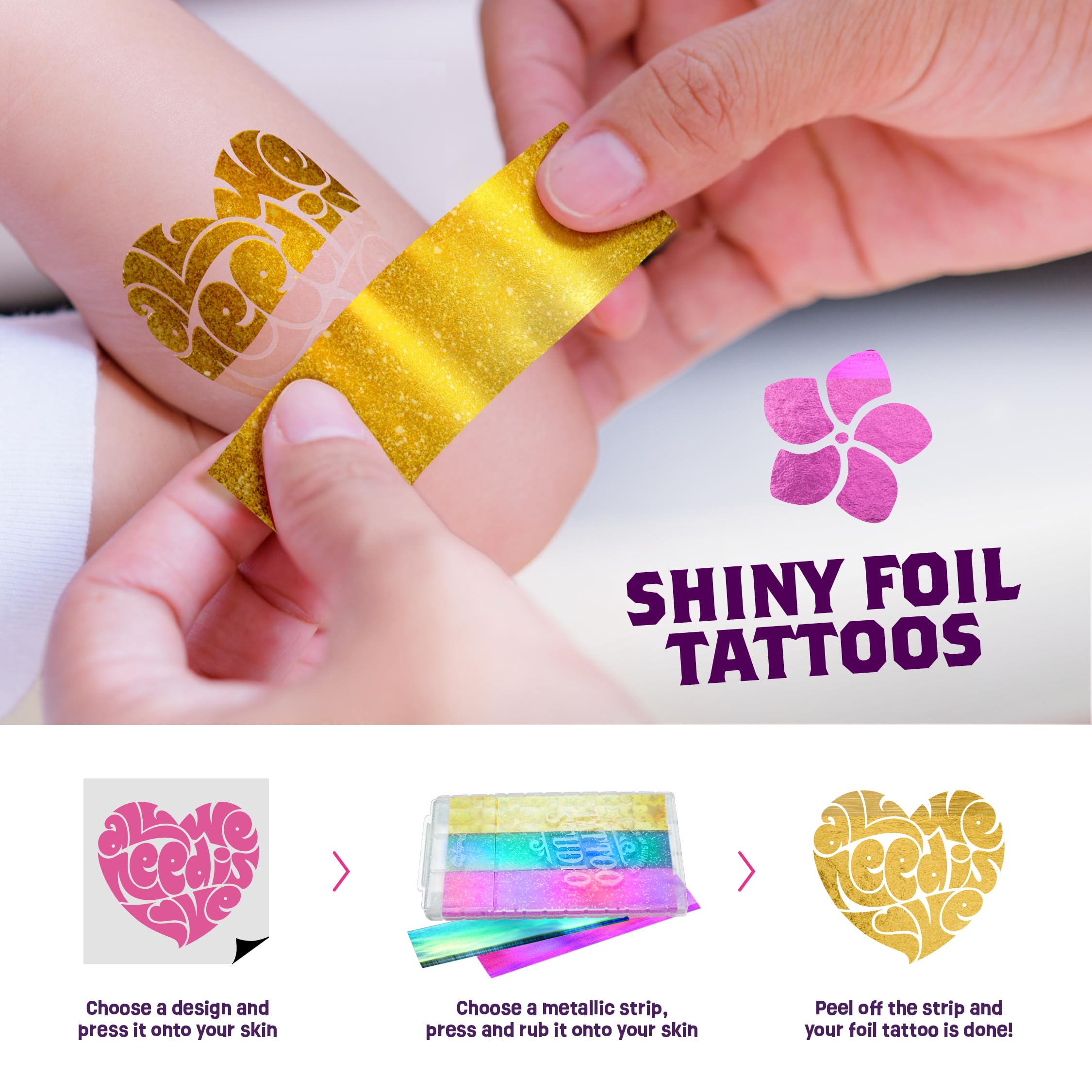 Temporary Shimmery Tattoo Studio Kit for Kids - Glitter & Metallic Fake Tattoos for Girls - Birthday Gift Ideas for Girl - Best Craft Kits Toys Stuff for Ages 6, 7, 8, 9, 10, 11 Year Old - Cool Gifts