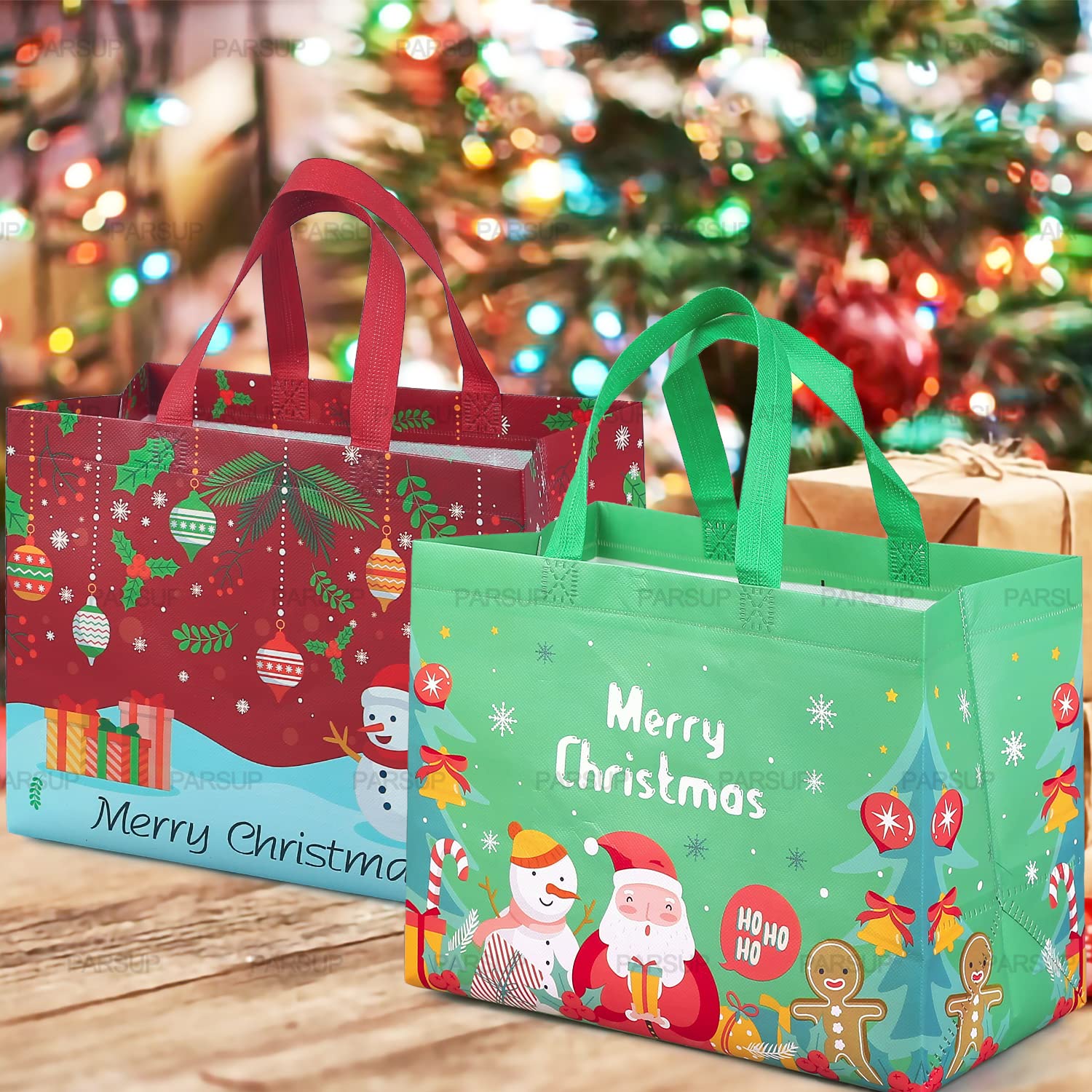 PARSUP 8PCS Christmas Gift Bags, Tote Bags with Handles, Treat Bags, Multifunctional Non-Woven Bags for Gifts Wrapping Shopping, Xmas Party Supplies, 12.8"×9.8"×6.7"