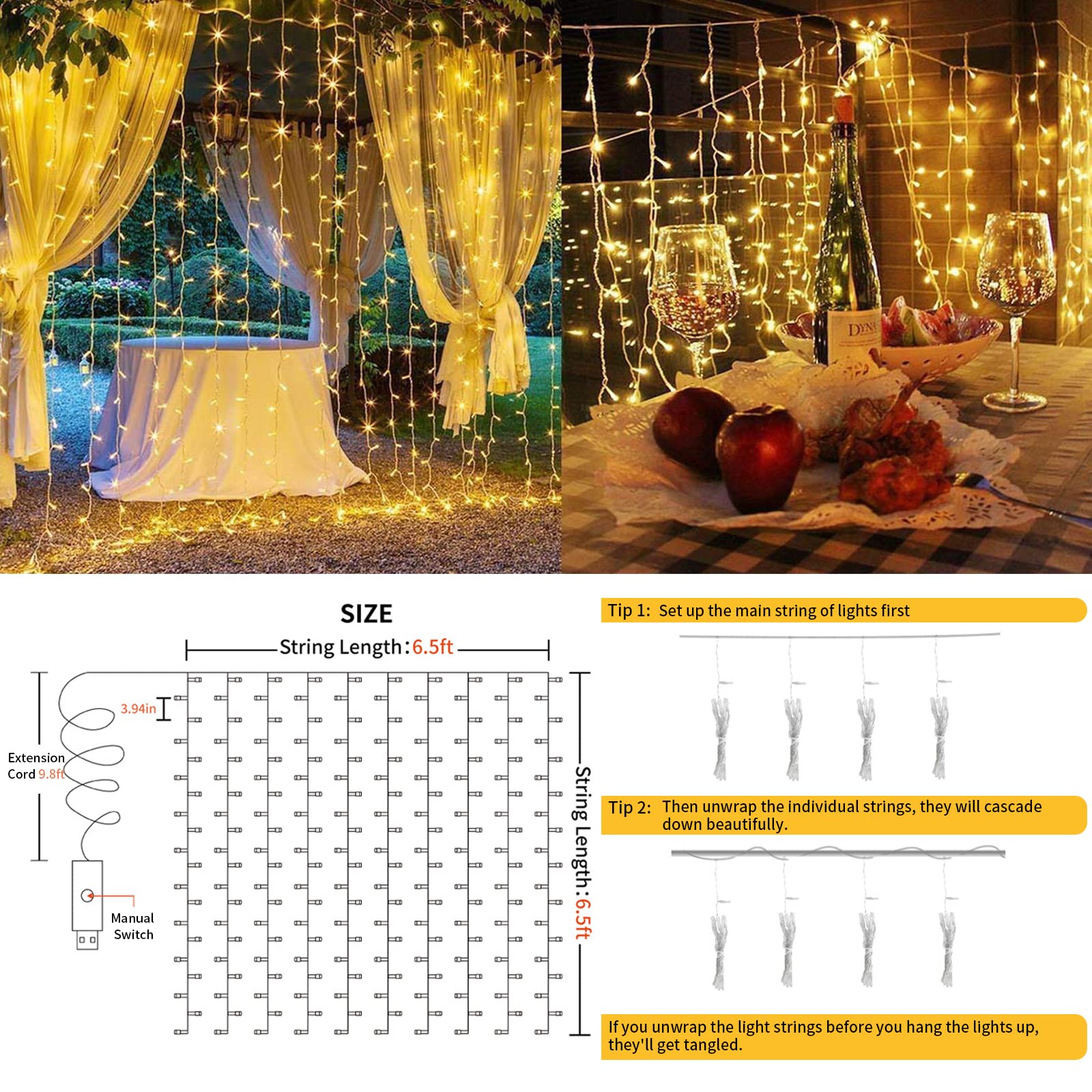 suddus Curtain Lights for Bedroom, 200 Led Hanging String Lights Outdoor, Fairy Curtain Lights Indoor for Christmas, Dorm, Wall, Backdrop, Window, Wedding, Party, Brithday Decor, Warm White