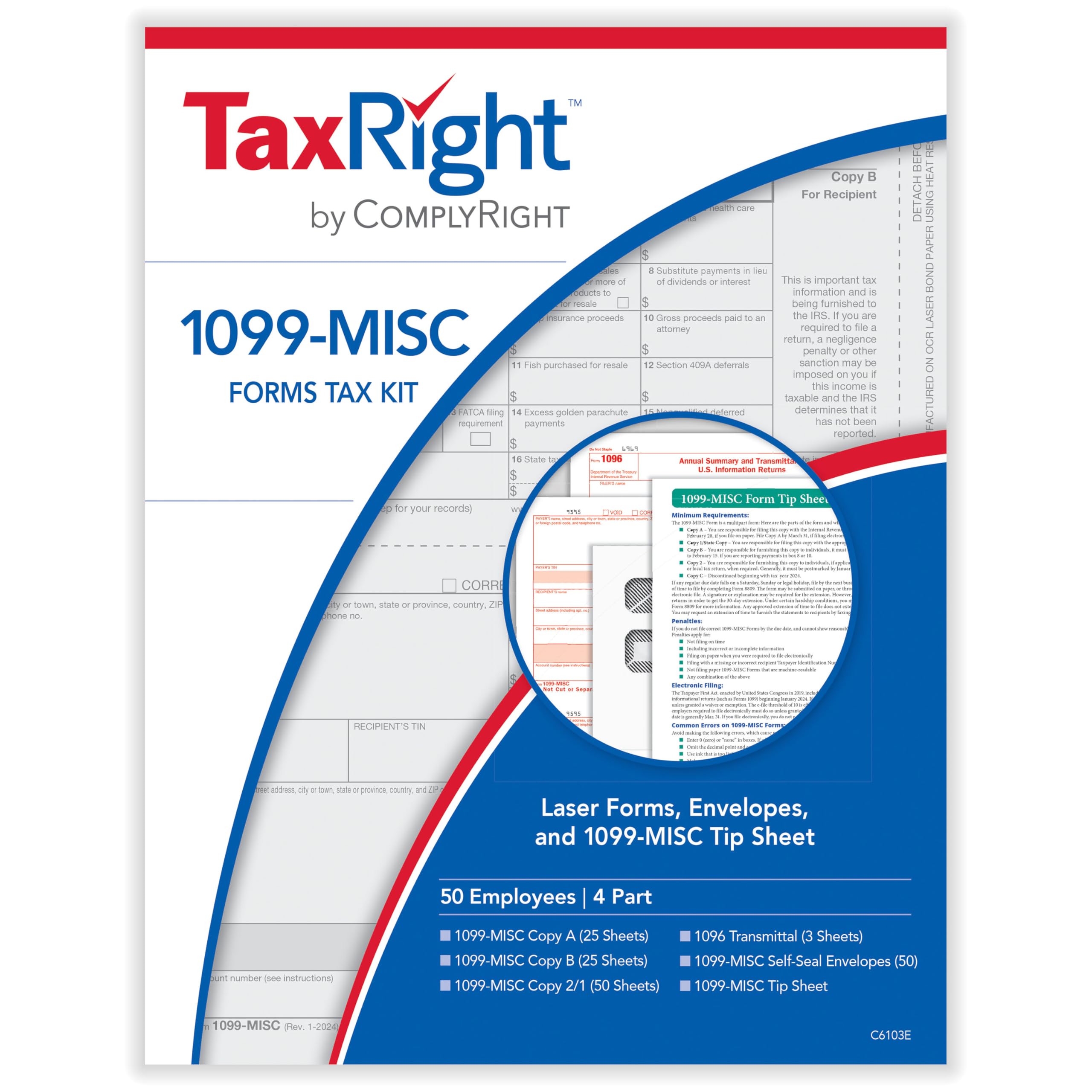 ComplyRight 2024 TaxRight 1099-MISC Tax Kit (4-Part) | 50 Recipients |Self-Seal Envelopes Included (No Software)