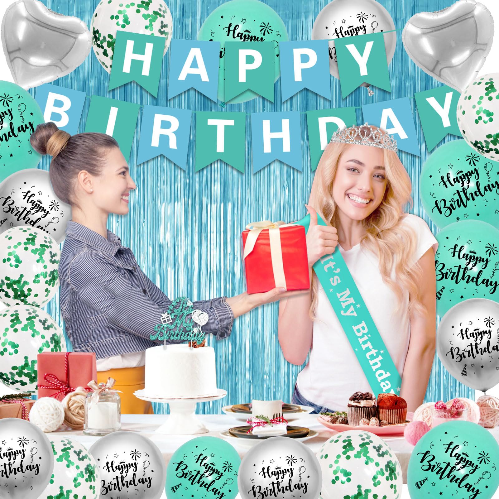 SKJIAYEE Teal Birthday Party Decorations for Girls Women, Silver Birthday Crown and Heart Star Foil Balloons, Happy Birthday Banner and Cake Topper, "It's My Birthday" Sash (Teal + Silver)