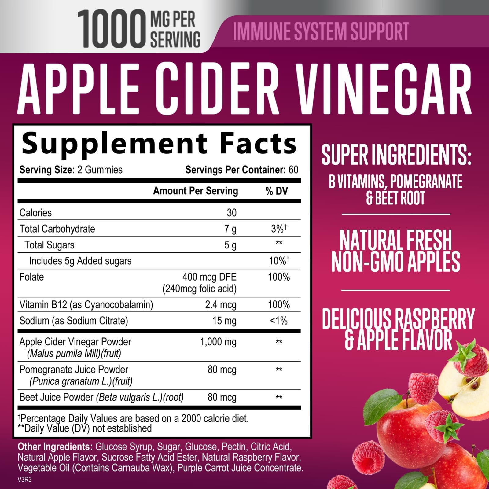 Vegan Apple Cider Vinegar Gummies 1000mg for Detox & Cleanse, ACV Gummy Vitamin B12 for Digestion Metabolism & Immune Health Support, Natural Apple Raspberry Flavor, Gluten Free - 120 Gummies