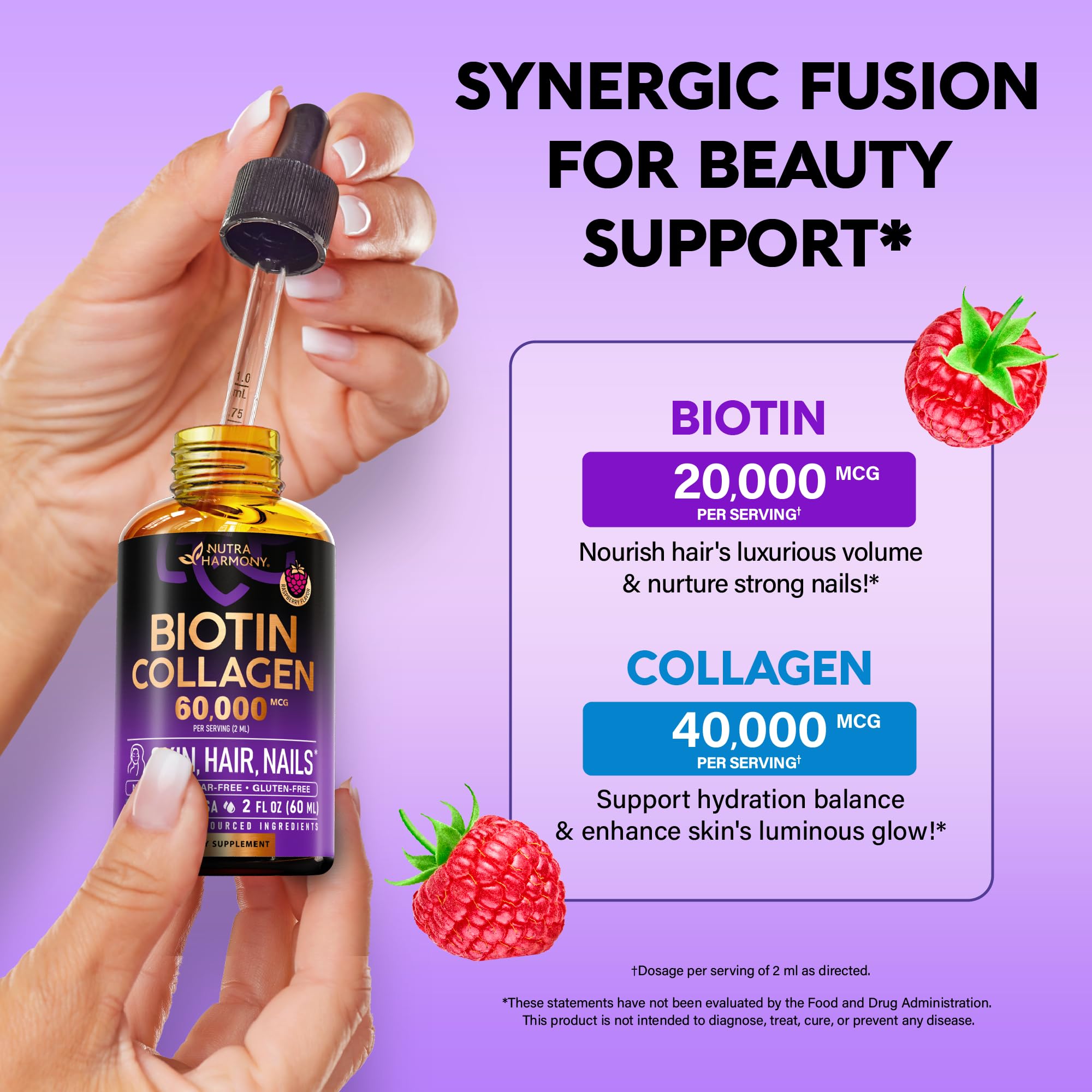 Liquid Biotin & Collagen 60,000 mcg - Vitamins for Hair Growth Support - Extra Strength Drops for Women & Men - Liquid Collagen Supplement - Strong Nails & Healthy Skin - Made in USA - 2 Fl Oz