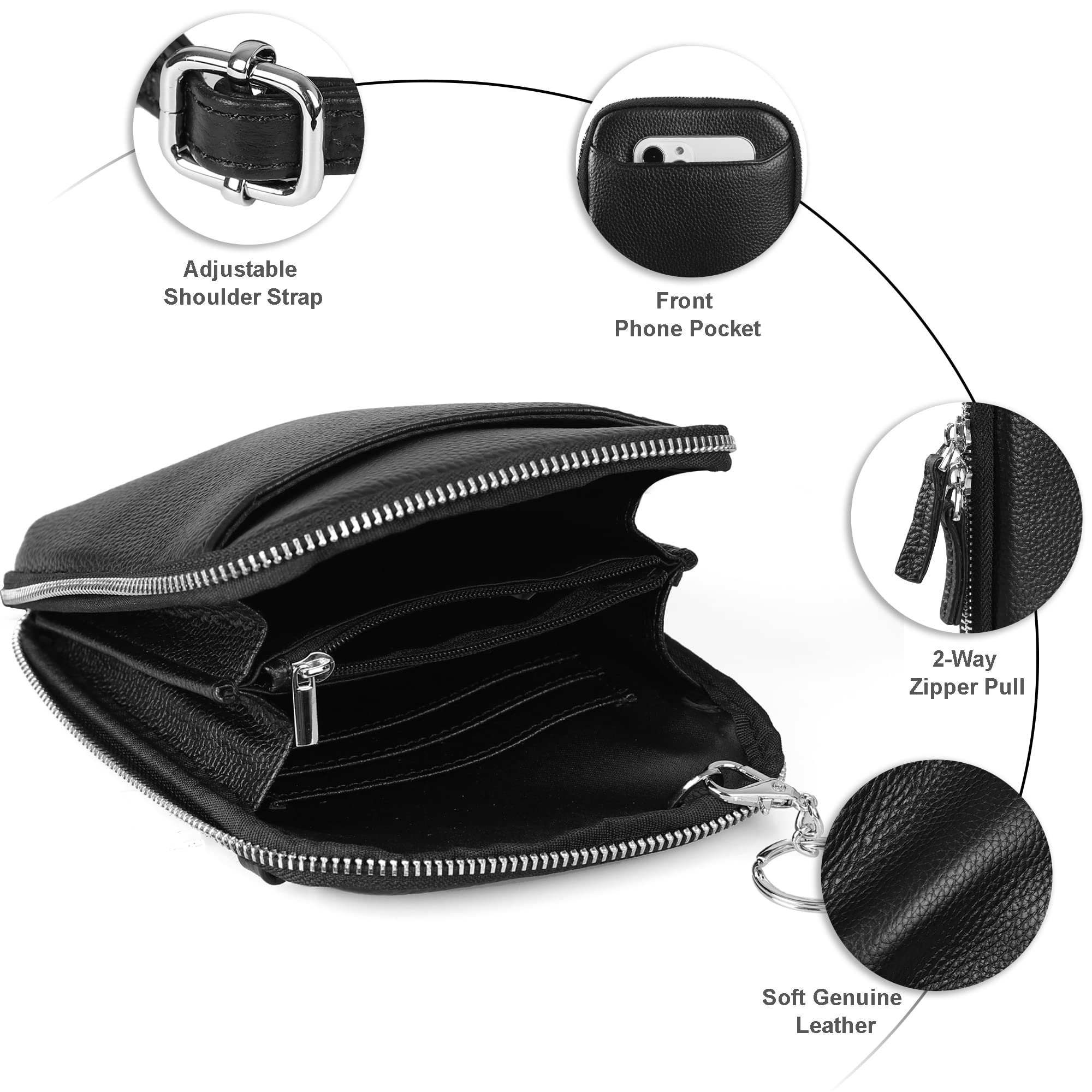 befen Genuine Leather Black Leather Small Crossbody Phone Bags for Women Mini Wallet Purse RFID Crossbody Bags for Women - Fit iPhone 15 Pro Max