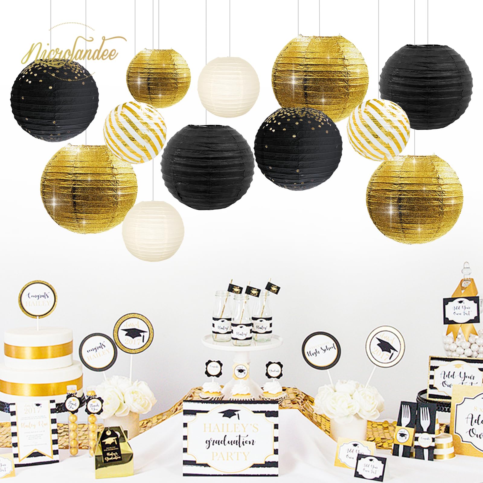 NICROLANDEE Black Gold Party Supplies - 12PCS Black and Gold Metallic Foil Paper Lanterns Decorative for Wedding, Graduation, Birthday, Baby Shower, Retirement Party, New Years Eve Party 2025
