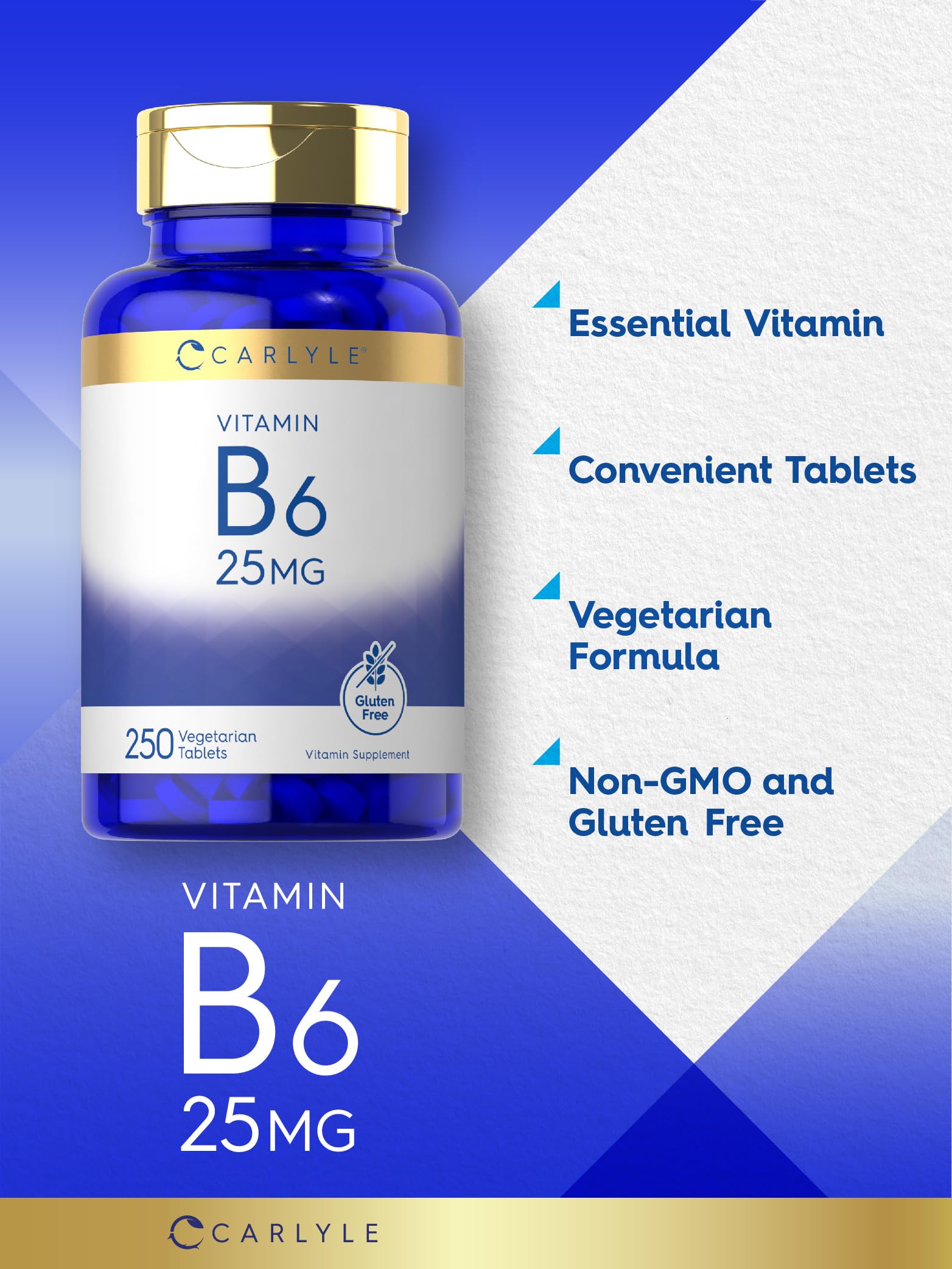 Carlyle Vitamin B6 | 25mg | 250 Tablets | Vegetarian, Non-GMO & Gluten Free Supplement