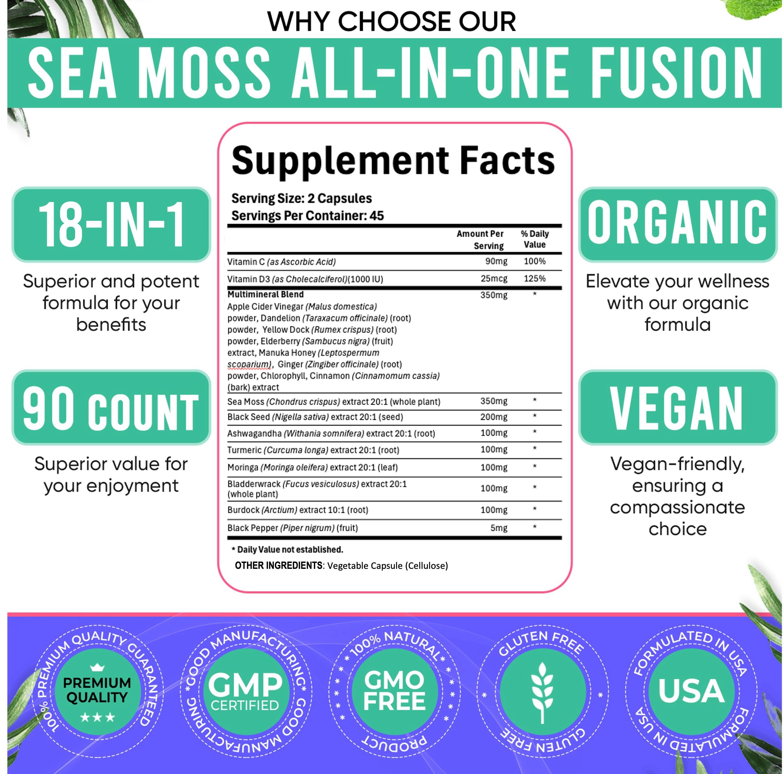 Adndale Sea Moss Black Seed Oil Ashwagandha Ginger Capsules. SeaMoss Capsules with Black Seed Oil, Ashwagandha, Turmeric, Moringa, Bladderwrack, Burdock Root, Manuka Honey, Cinnamon