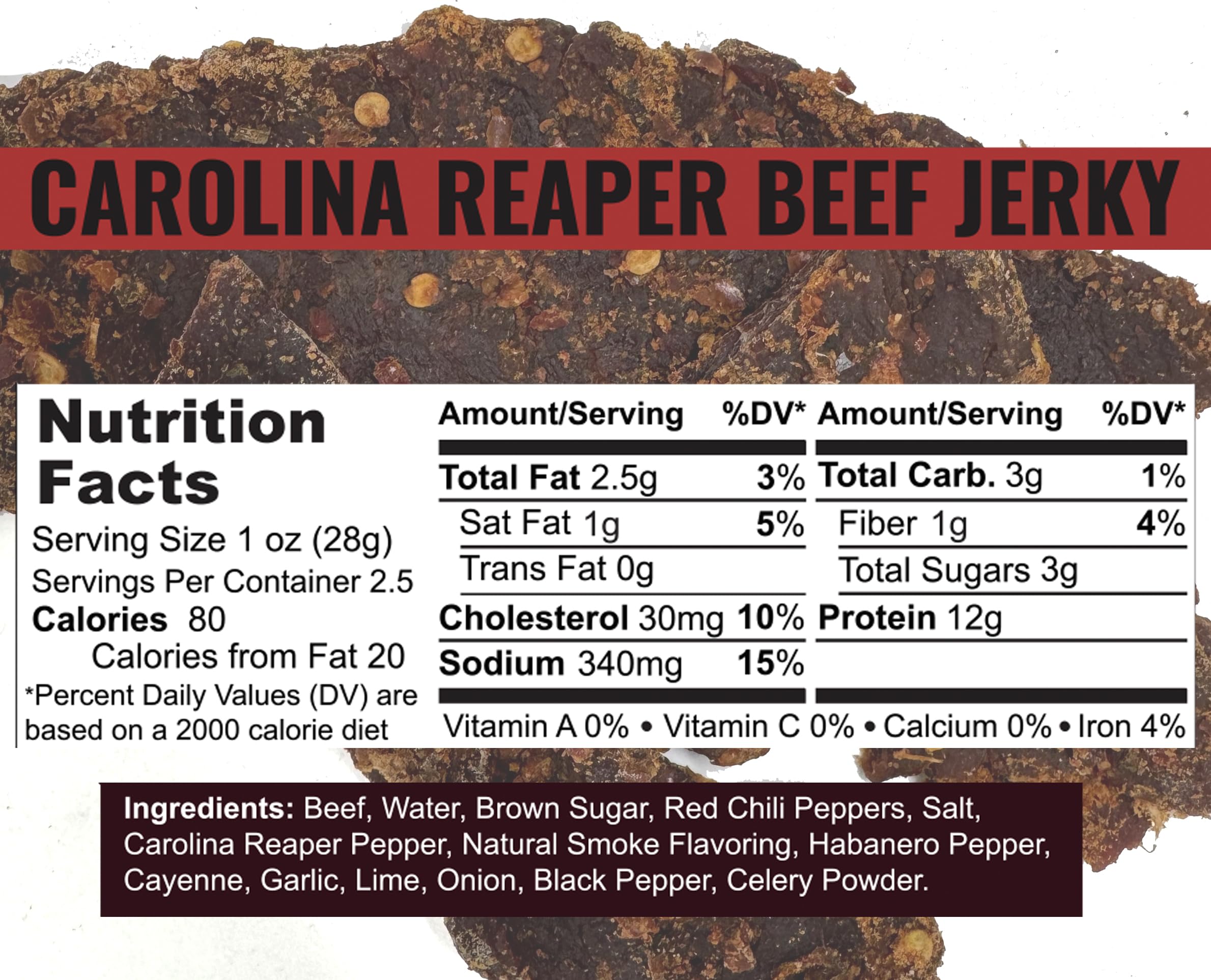 Slate Belt Smokehouse Carolina Reaper Jerky, Spicy Beef Jerky with Serious Heat 2.5 Ounce