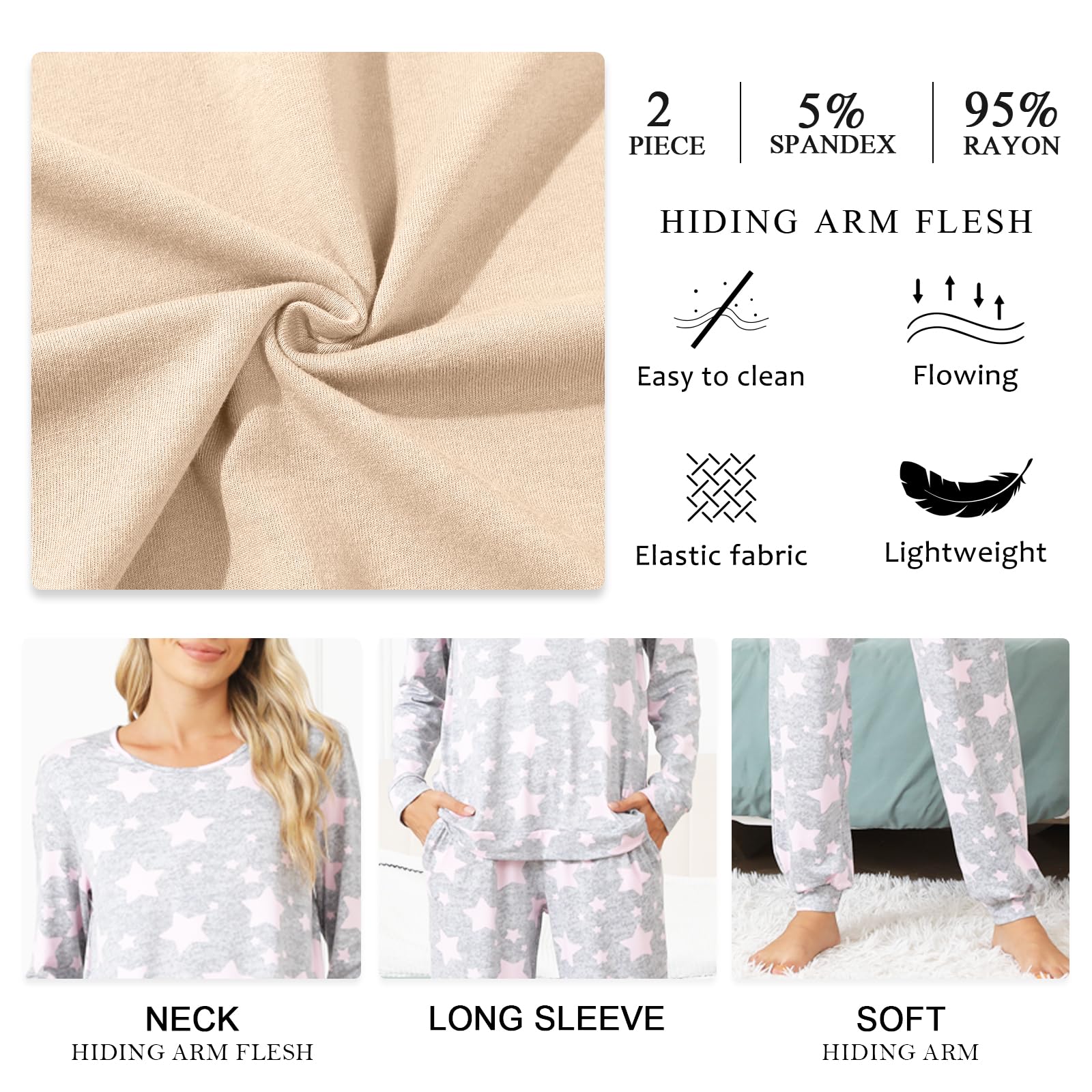 syoss Womens Pajama Set Long Sleeve Sleepwear Fall Round Neck Nightwear Soft Pjs 2 Piece Lounge Sets with Pockets L, Spotted Blue