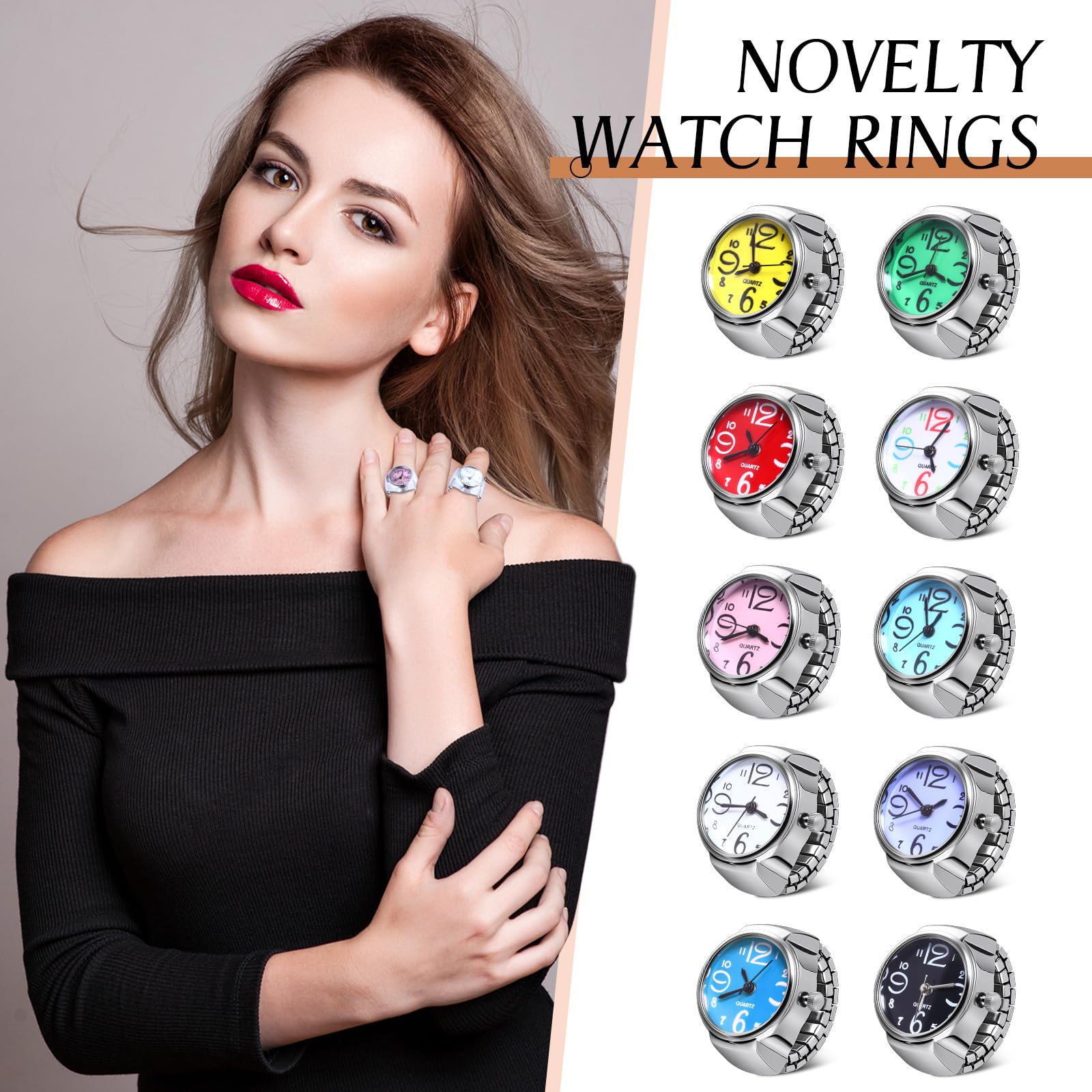 Landical 10 Pcs Finger Watches Set Adjustable Ring Watch for Women and Men Creative Elastic Round Quartz Finger Ring Watches (Fresh Color)