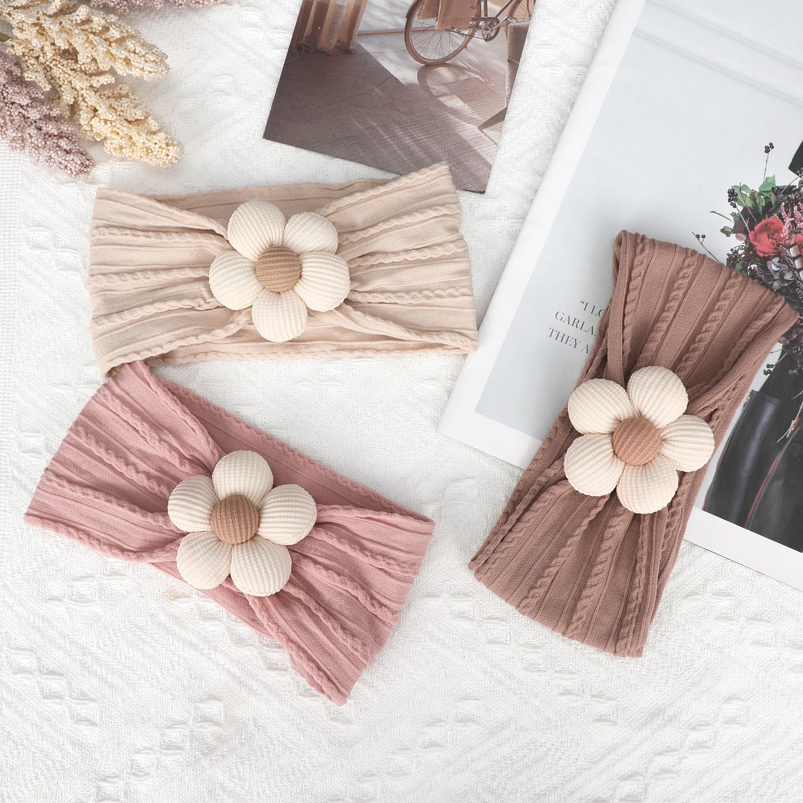 MIUXUESO 3 Pcs Baby Flower Headbands Baby Girls Nylon Headbands Soft Hairbands Hair Accessories for Newborn Infant Toddler Kids（Beige Pink Khaki）