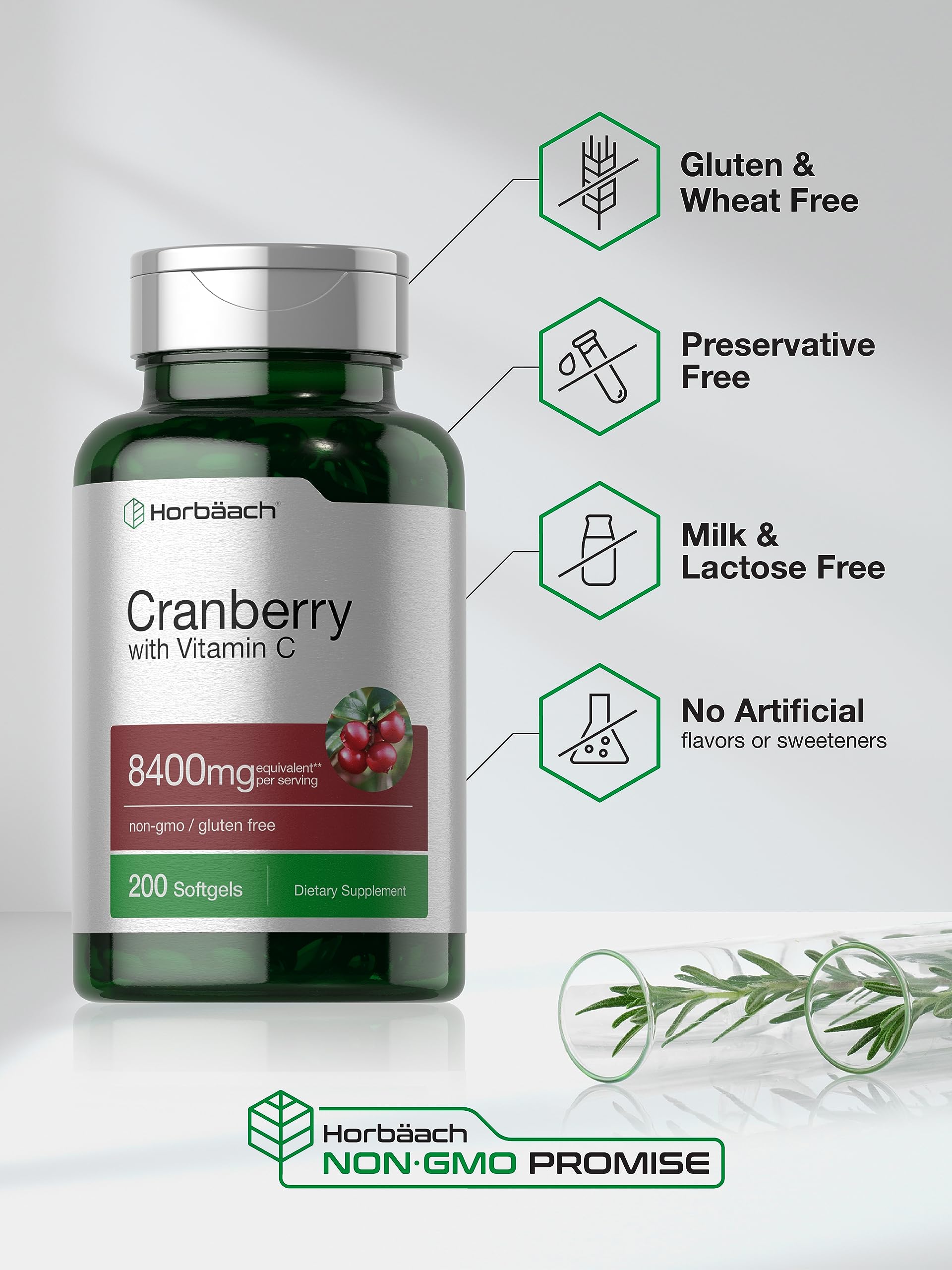 Horbäach Cranberry Pills with Vitamin C | 8400mg | 200 Softgels | Concentrate Extract Supplement | Non-GMO, Gluten Free