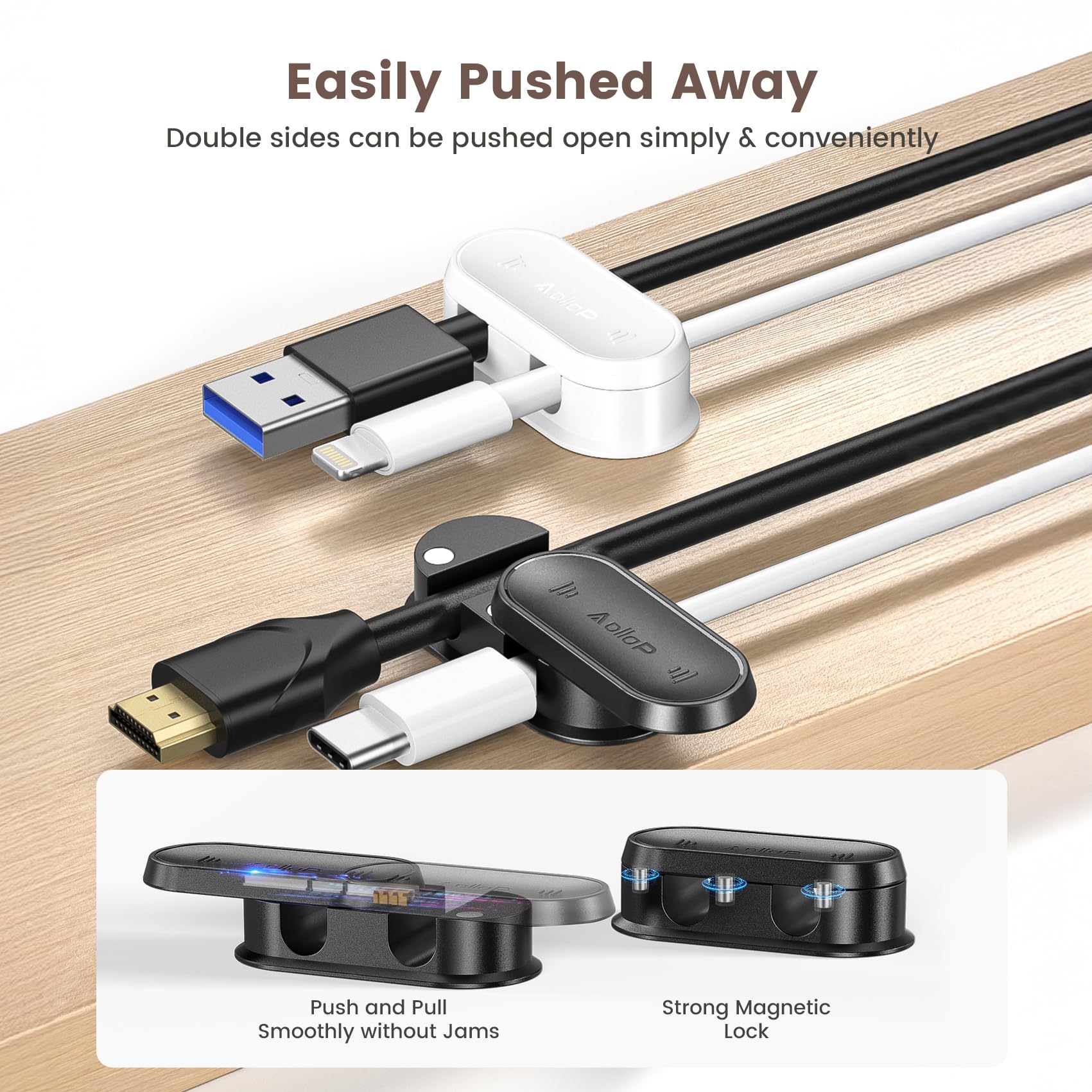 5Pack Magnetic Cord Organizer [Pull-Smooth, Max Stability] Cable Clips, Aollop Cord Holder, Desk Cable Management Clips, Adhesive Wire Organizer for Nightstand Home Office Desktop Car Wall - Black