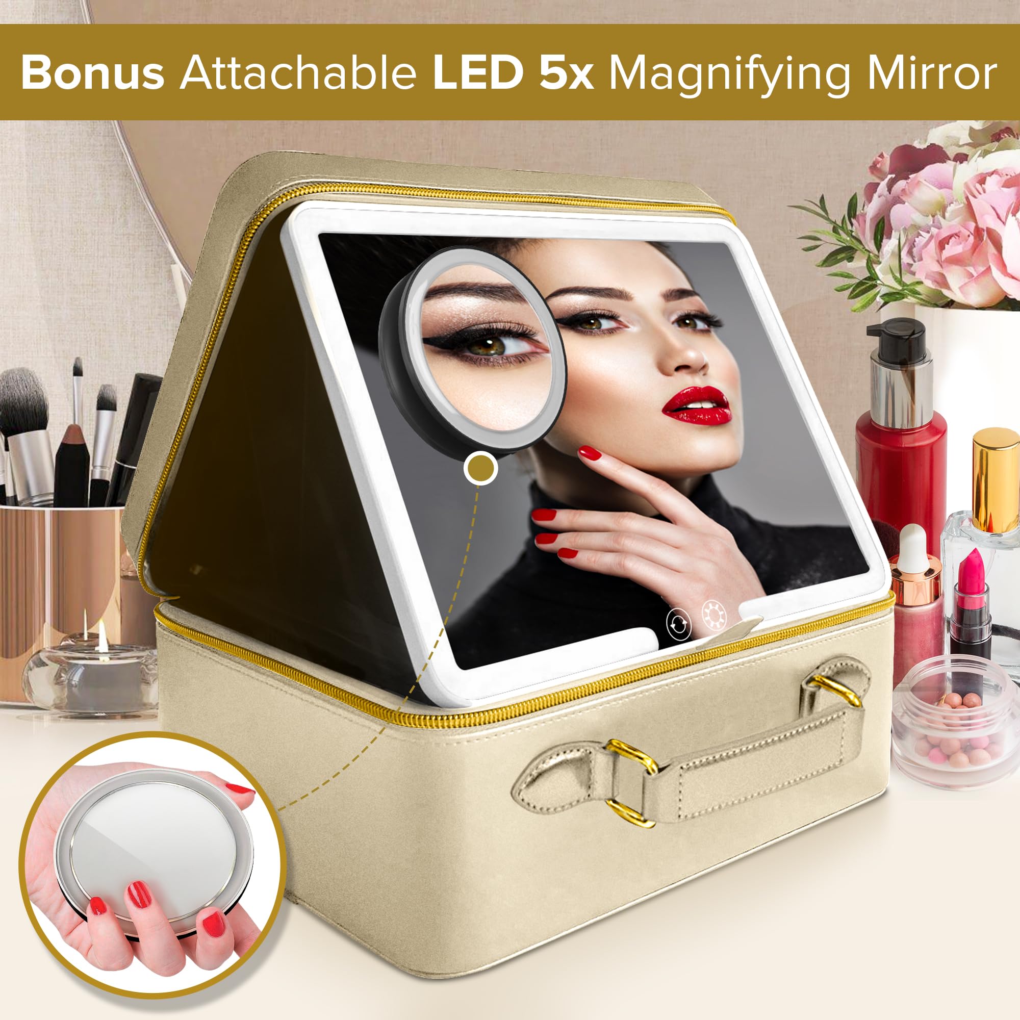 JENNI V Upscale PU Leather Makeup Bag with Light Up Mirror, 3 Brightness Settings, Adjustable Dividers - Replace Your Bulky Vanity While On the Go - Chic Travel Makeup Case Box - Makeup Organizer Bag