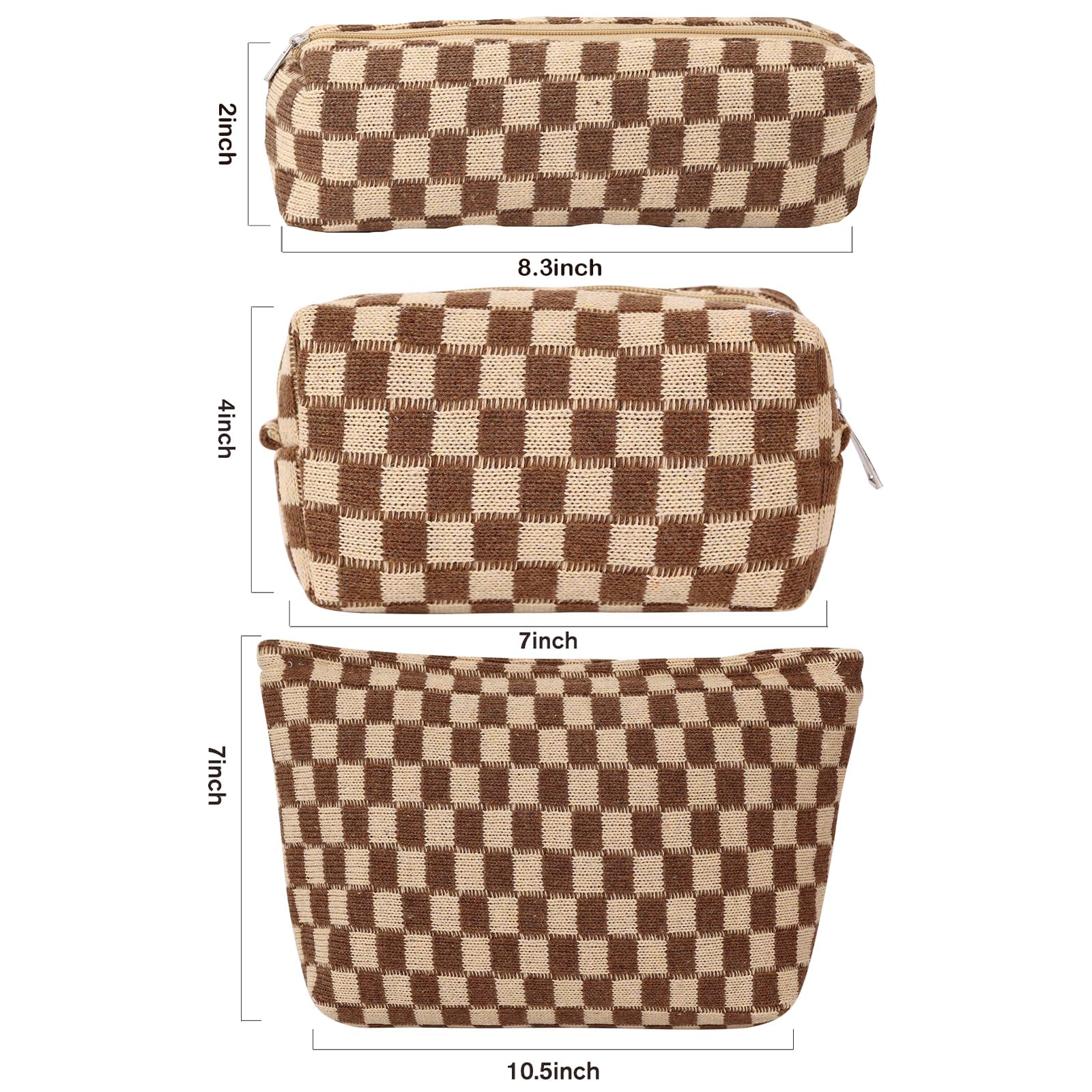 LYDZTION Large Capacity Makeup Bag Set - 3 Pieces Checkered Cosmetic Bag for Women Travel Makeup Bag Organizer Cute Makeup Brushes Storage Bag Travel Toiletry Bag Storage Bag for Women,Brown