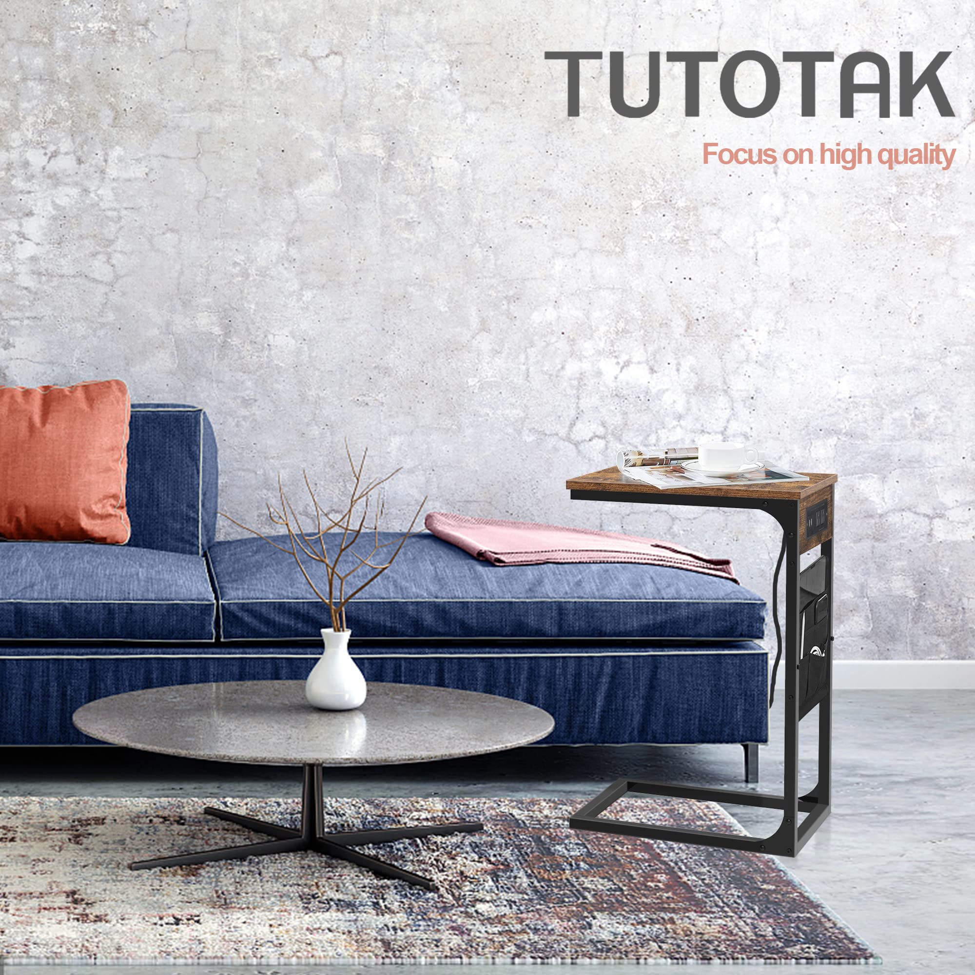 TUTOTAK C Shaped End Table with Charging Station, Side Table for Sofa, Couch Table with Storage Bag, TV Tray Table with 2 USB Ports and Outlets for Living Room, Bedroom, Brown TB01BB024