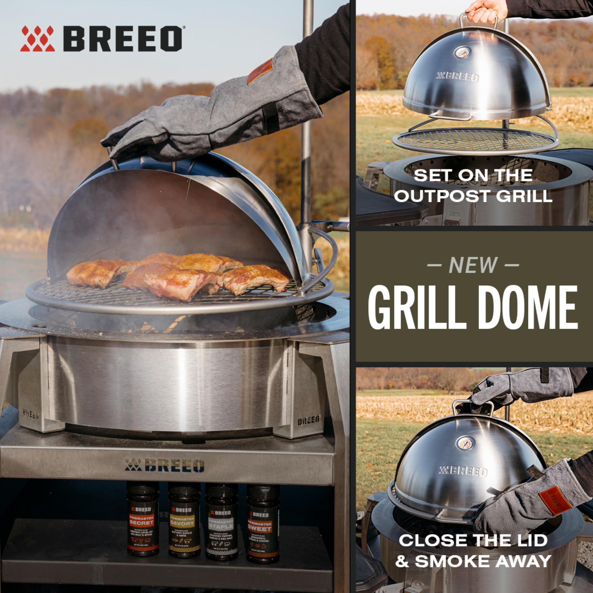 Breeo Grill Dome and Outpost Grill Bundle – Hinged Stainless Steel Dome w/Built-in Thermometer, Griddle Accessories Kit, Outdoor Set for Live-Fire Cooking – Fits X/19, Y Series